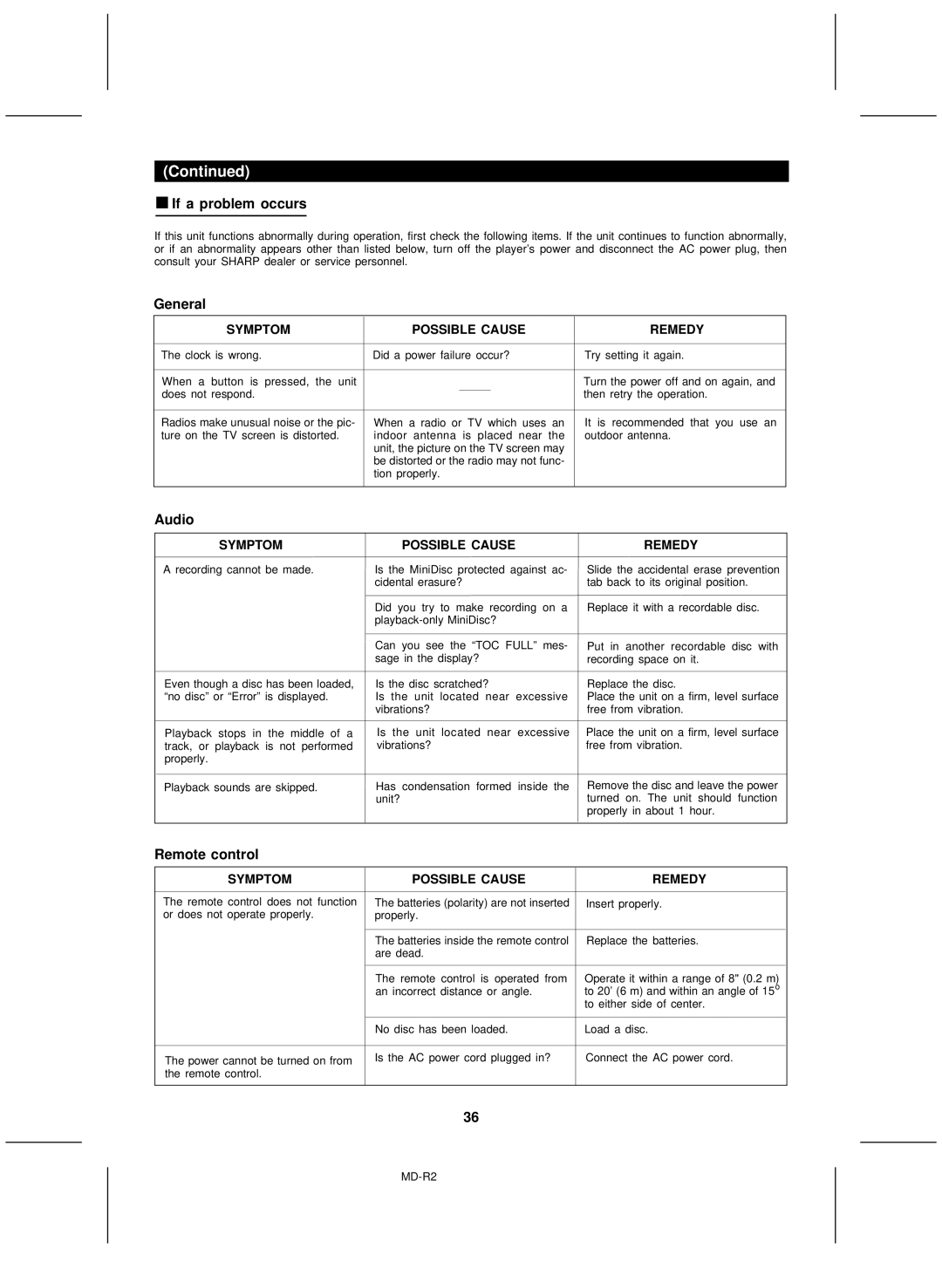 Kenwood MD-R2 operation manual General, Audio, Remote control 