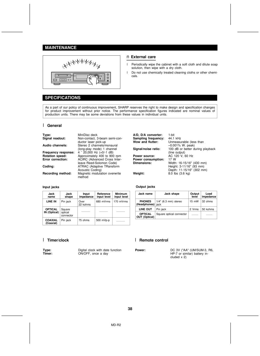 Kenwood MD-R2 operation manual Maintenance, Specifications, External care, Timer/clock Remote control 