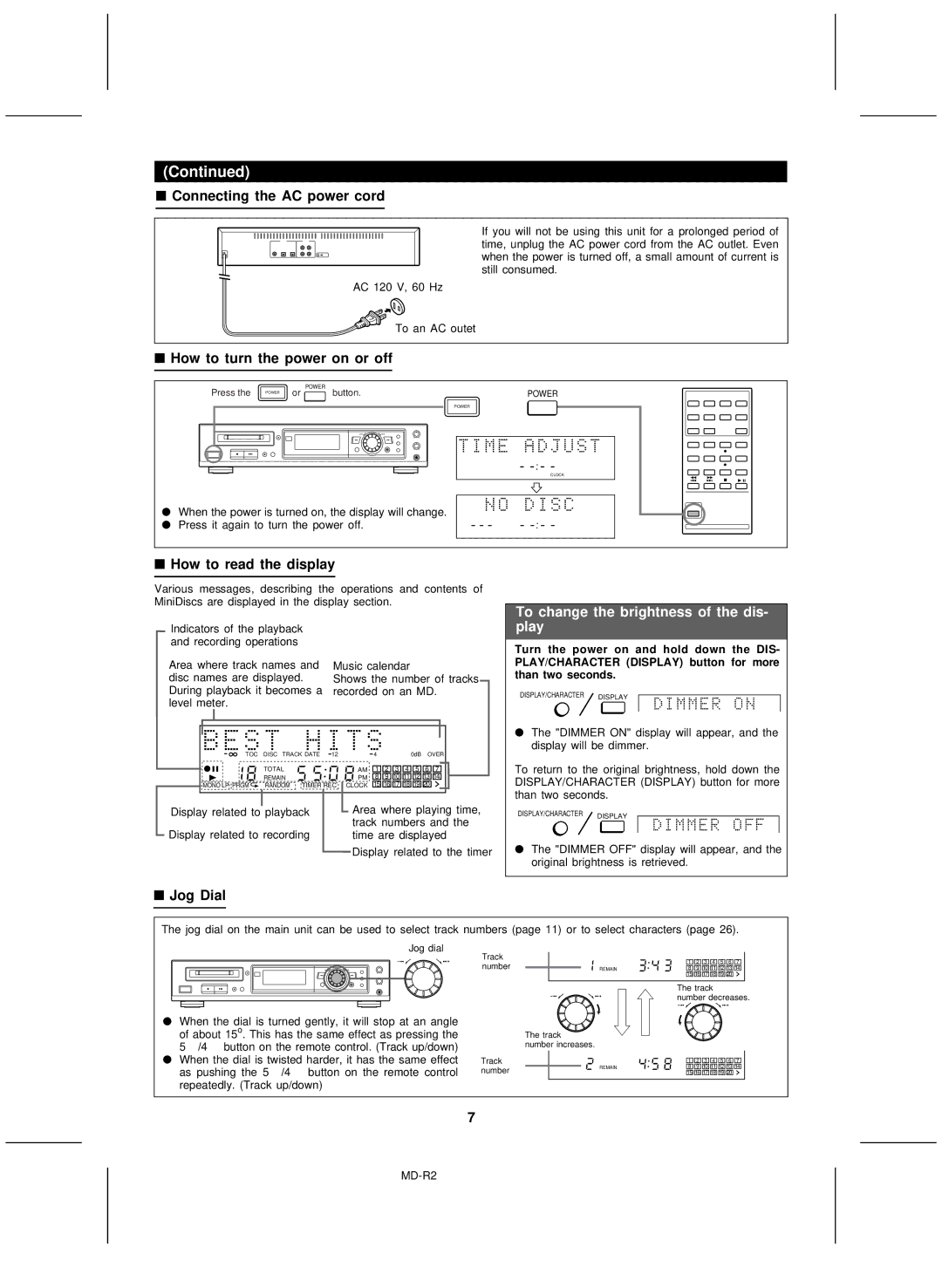 Kenwood MD-R2 Connecting the AC power cord, How to turn the power on or off, How to read the display, Jog Dial 