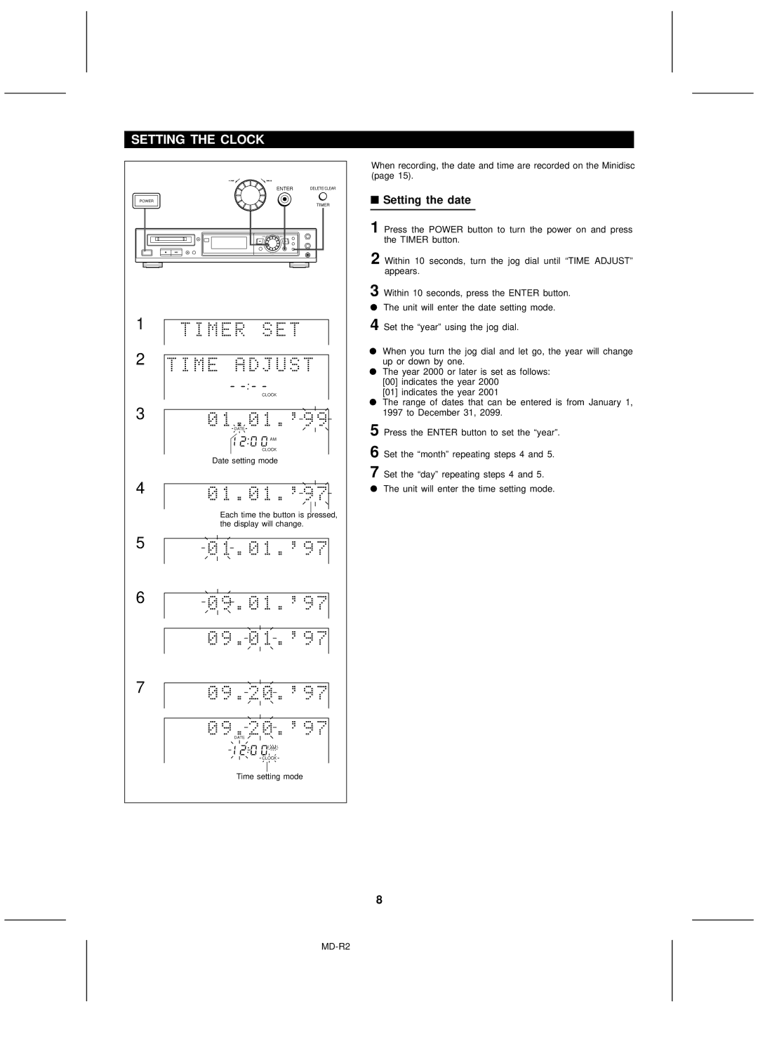 Kenwood MD-R2 operation manual Setting the Clock, Setting the date 