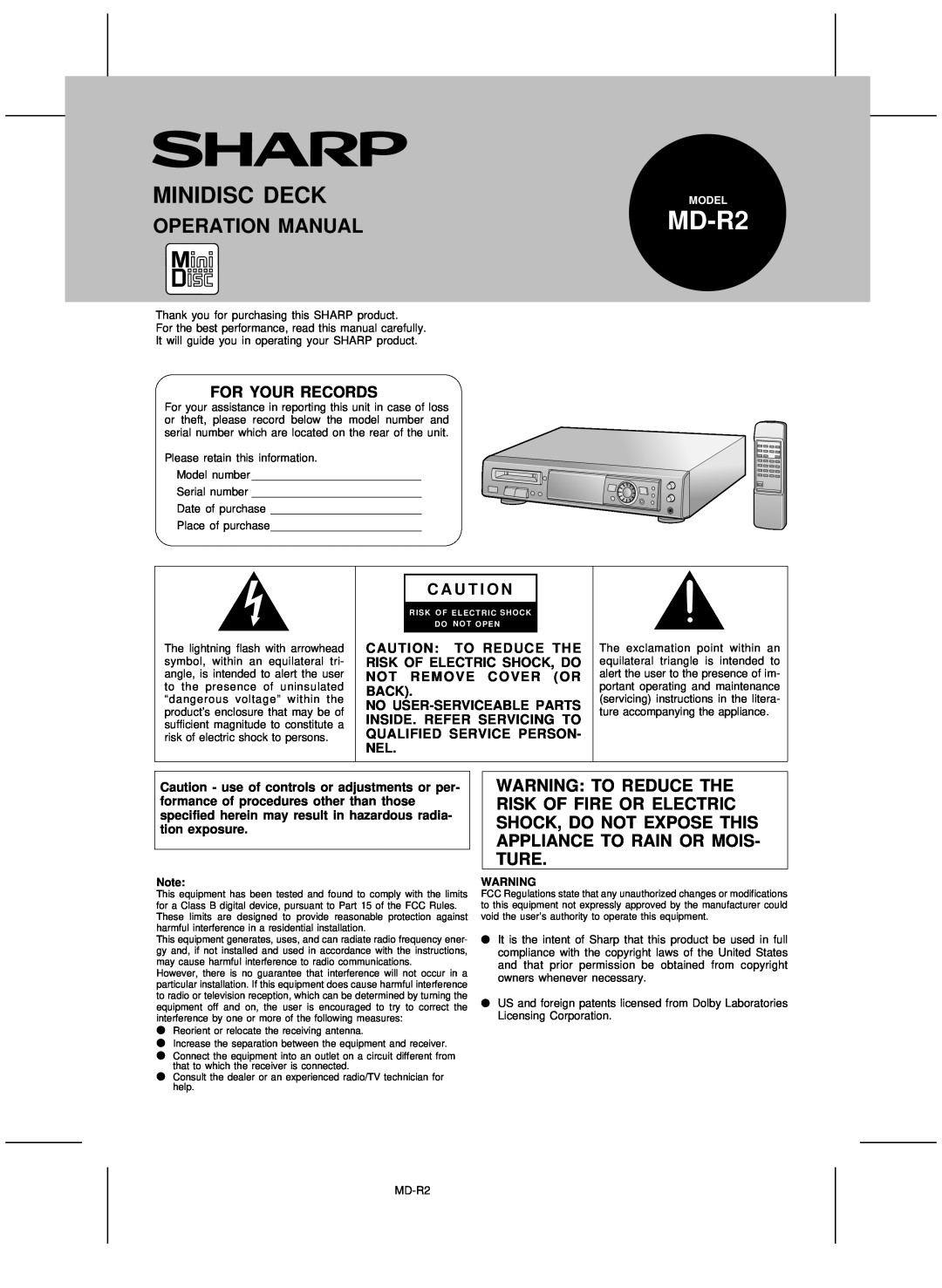 Kenwood MD-R2 operation manual Operation Manual, For Your Records, C A U T I O N, Minidisc Deck 