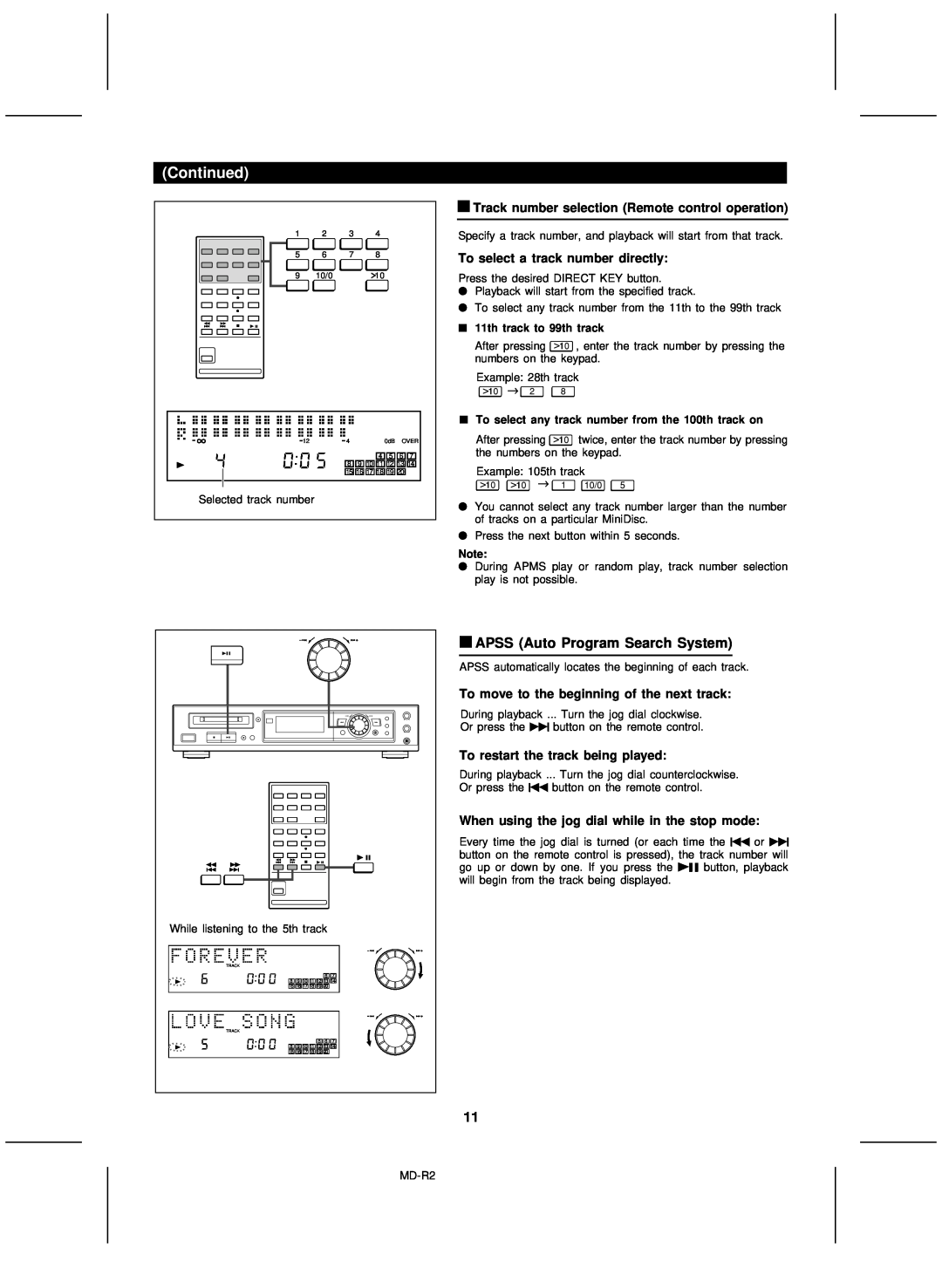 Kenwood MD-R2 operation manual APSS Auto Program Search System, Track number selection Remote control operation 