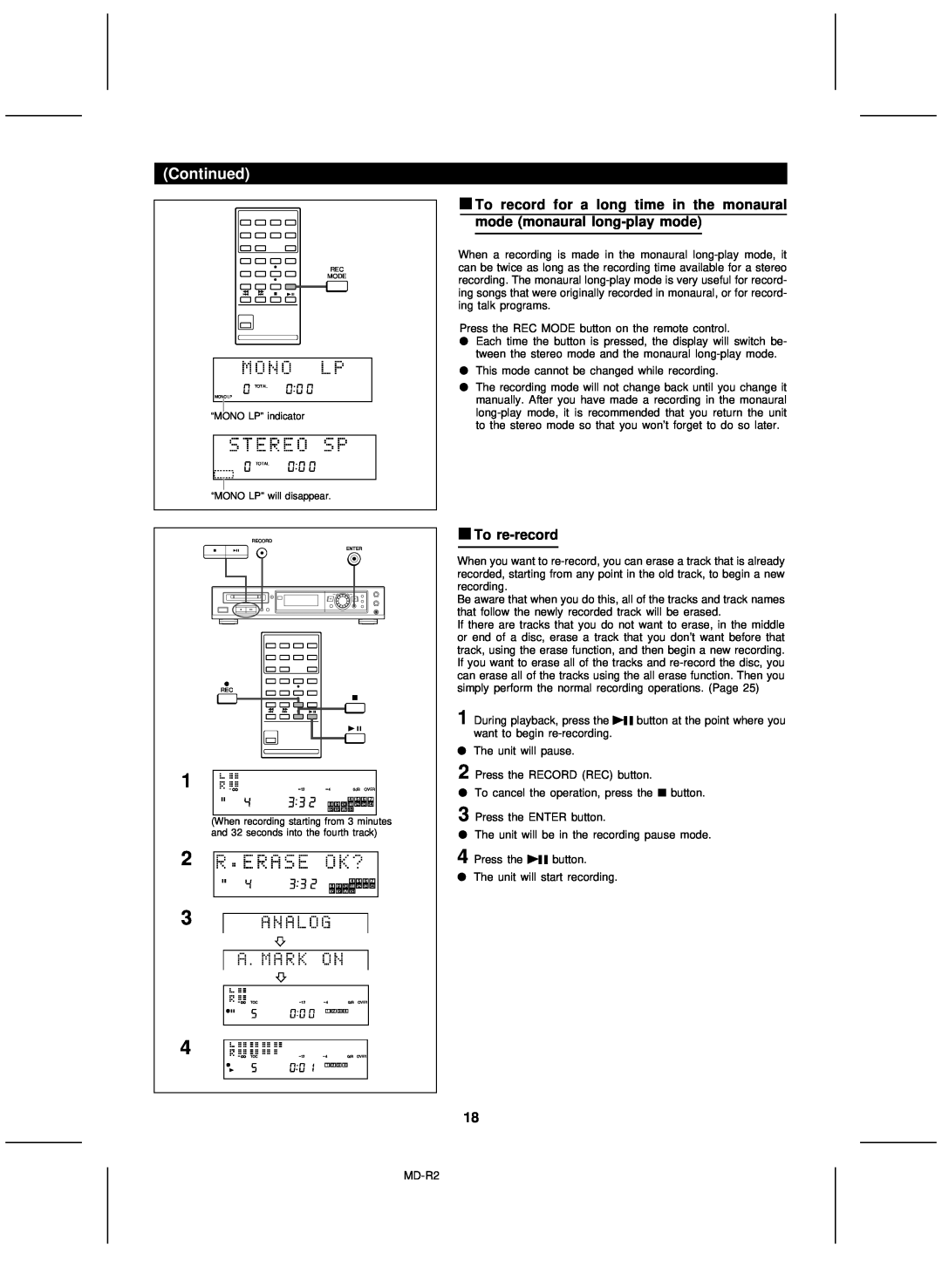 Kenwood MD-R2 operation manual To re-record, Continued 