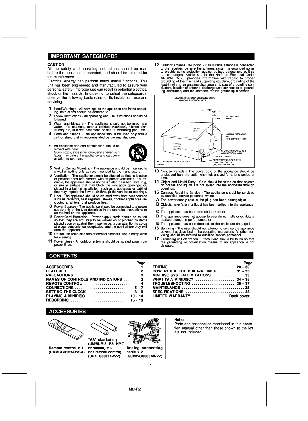 Kenwood MD-R2 Important Safeguards, Contents, Accessories, Page, Analog connecting, Remote control x, RRMCG0123AWSA 