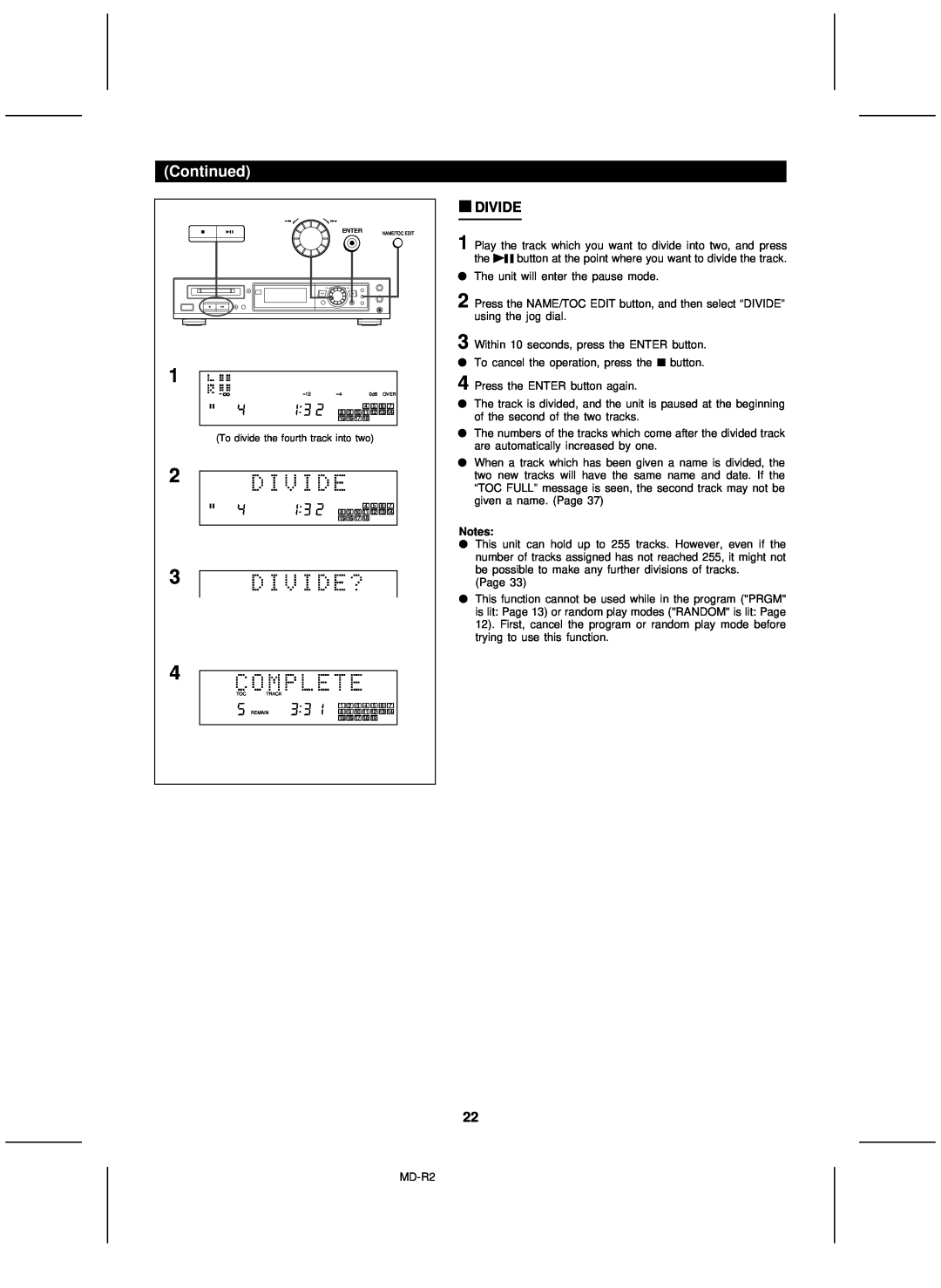 Kenwood MD-R2 operation manual Divide, Notes 
