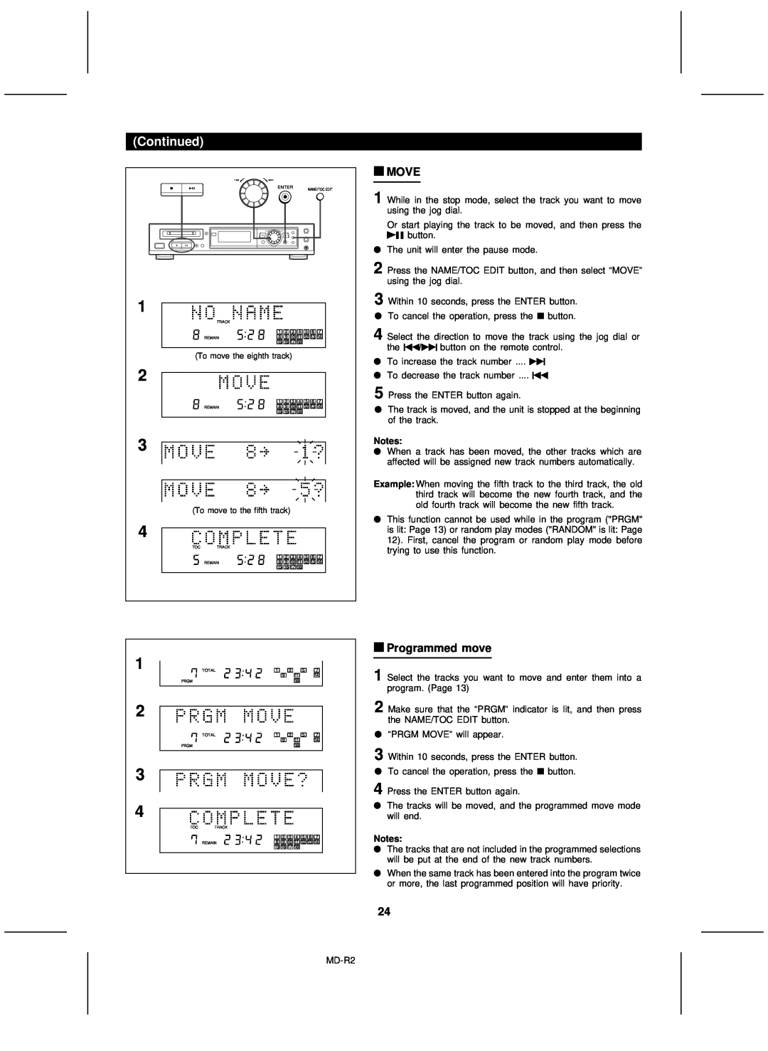 Kenwood MD-R2 operation manual 1 2 3 4, Move, Programmed move, Continued 