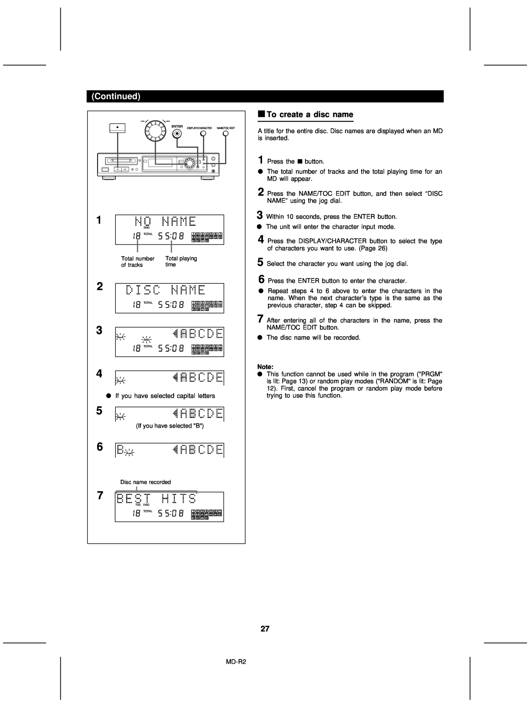 Kenwood MD-R2 operation manual To create a disc name, Continued 