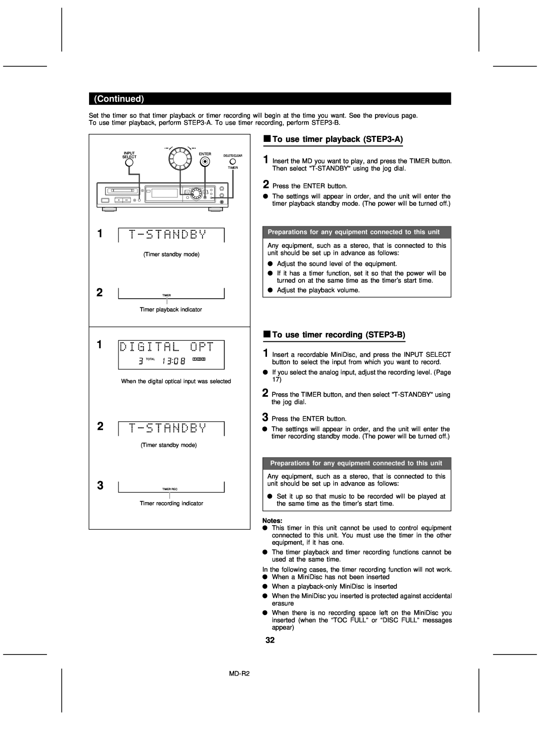 Kenwood MD-R2 operation manual To use timer playback -A, To use timer recording -B, Continued 