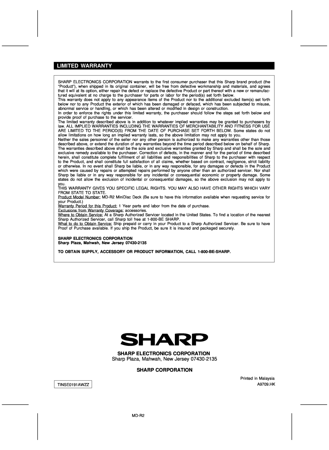 Kenwood MD-R2 Limited Warranty, Sharp Electronics Corporation, Sharp Corporation, Sharp Plaza, Mahwah, New Jersey 