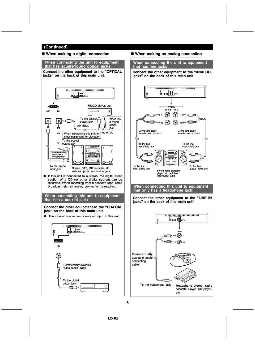 Kenwood MD-R2 operation manual Continued, When making a digital connection, When making an analog connection 