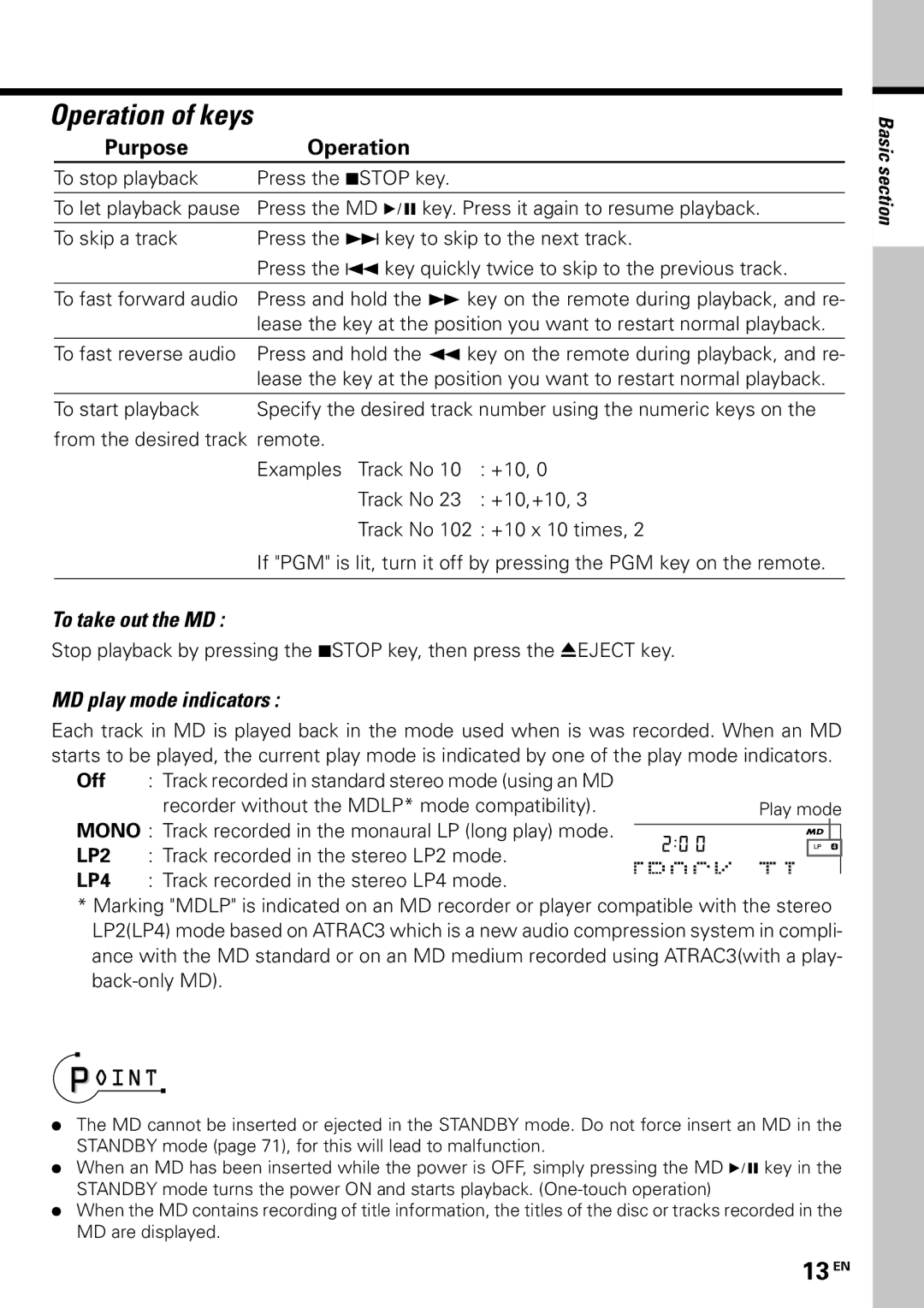 Kenwood MDX-G3 instruction manual A C K, 13 EN, To take out the MD, MD play mode indicators 