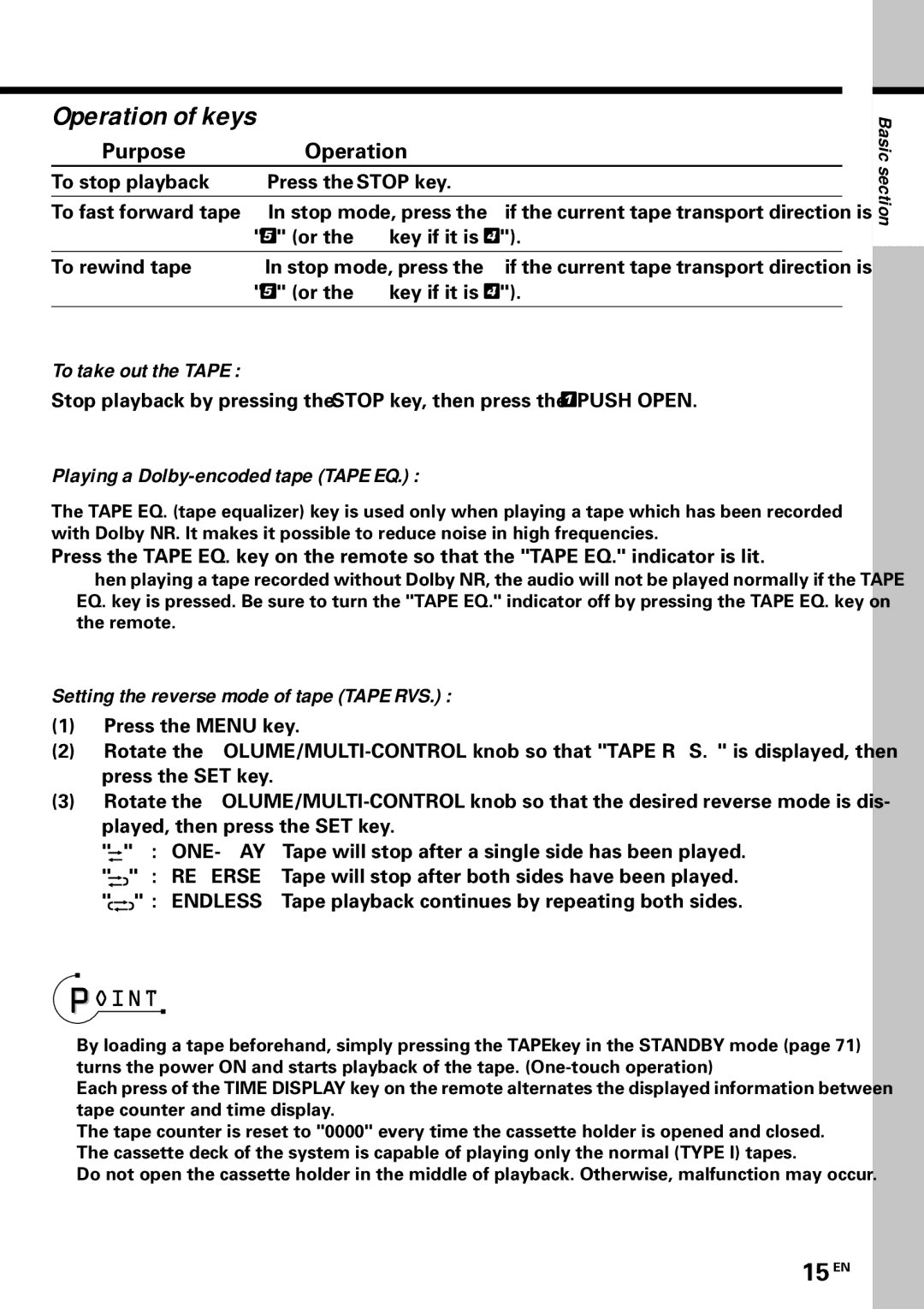 Kenwood MDX-G3 instruction manual 15 EN, To take out the Tape, Playing a Dolby-encoded tape Tape EQ 