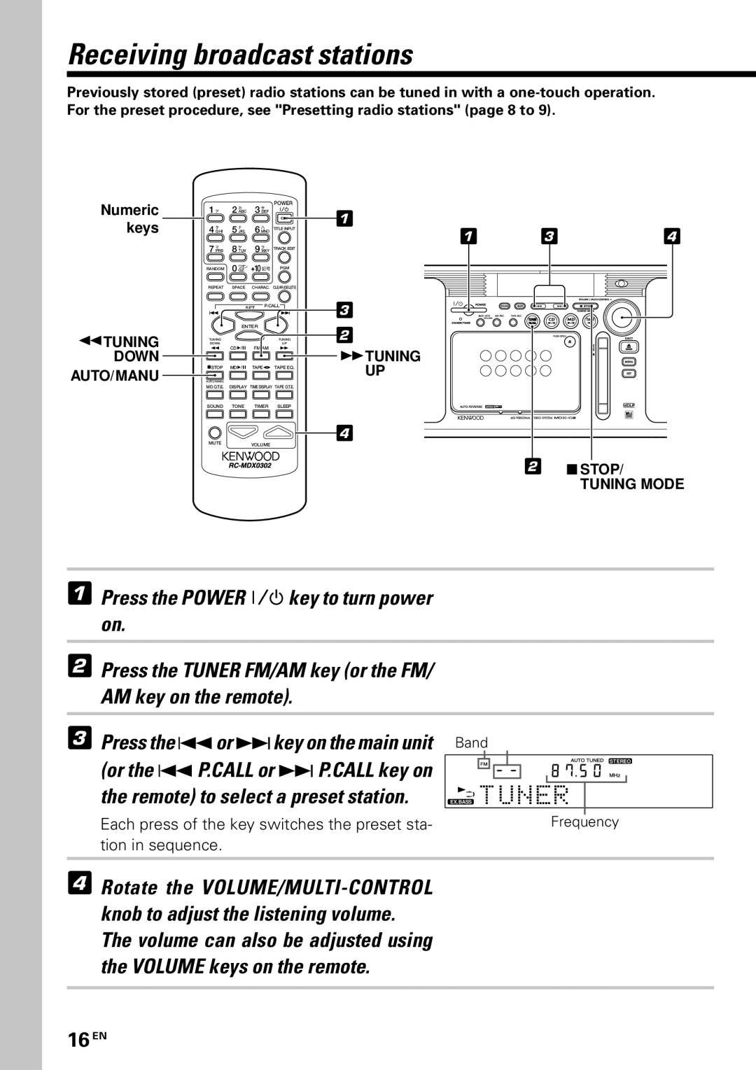 Kenwood MDX-G3 instruction manual Receiving broadcast stations, 16 EN 