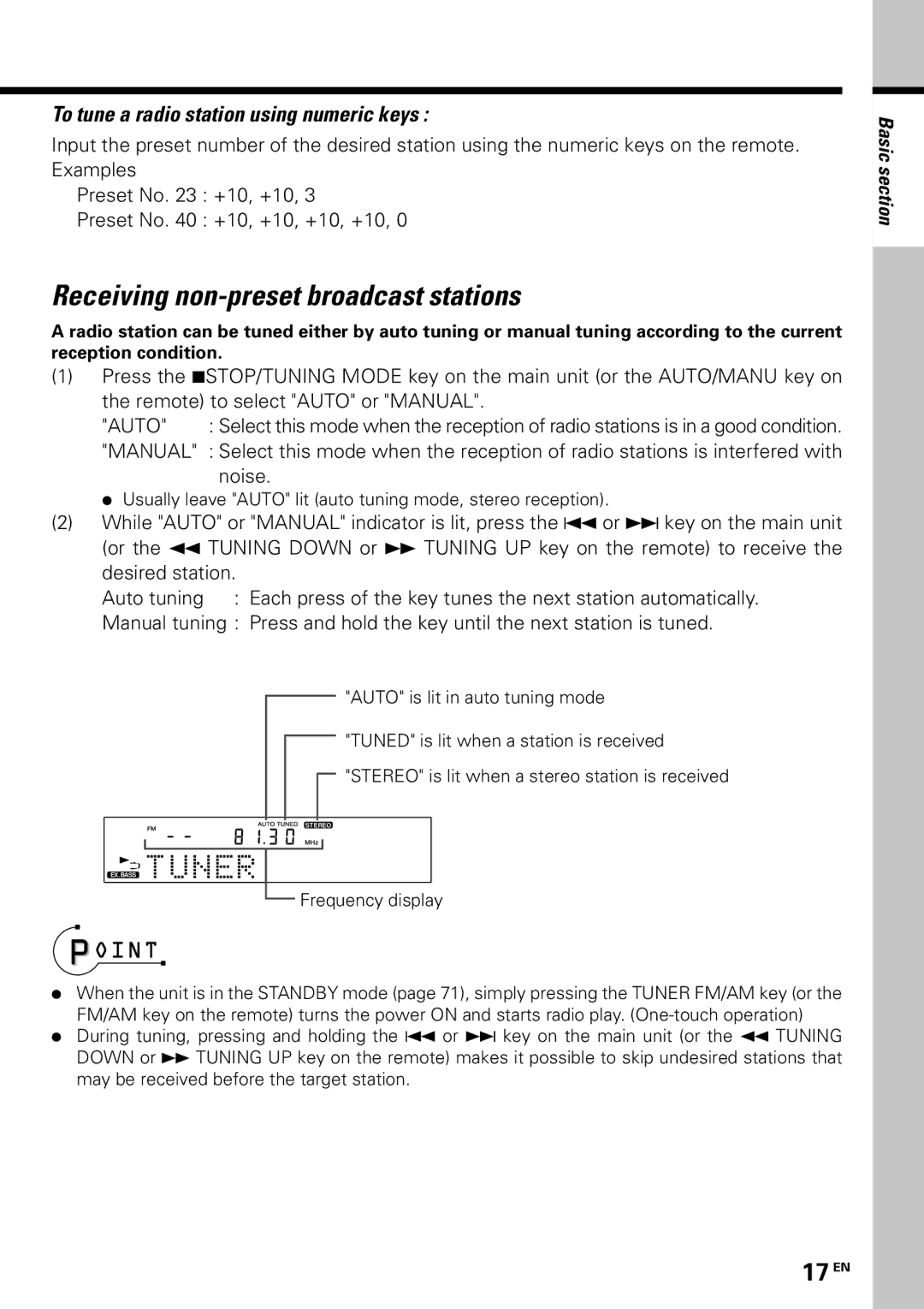 Kenwood MDX-G3 Receiving non-preset broadcast stations, 17 EN, To tune a radio station using numeric keys 