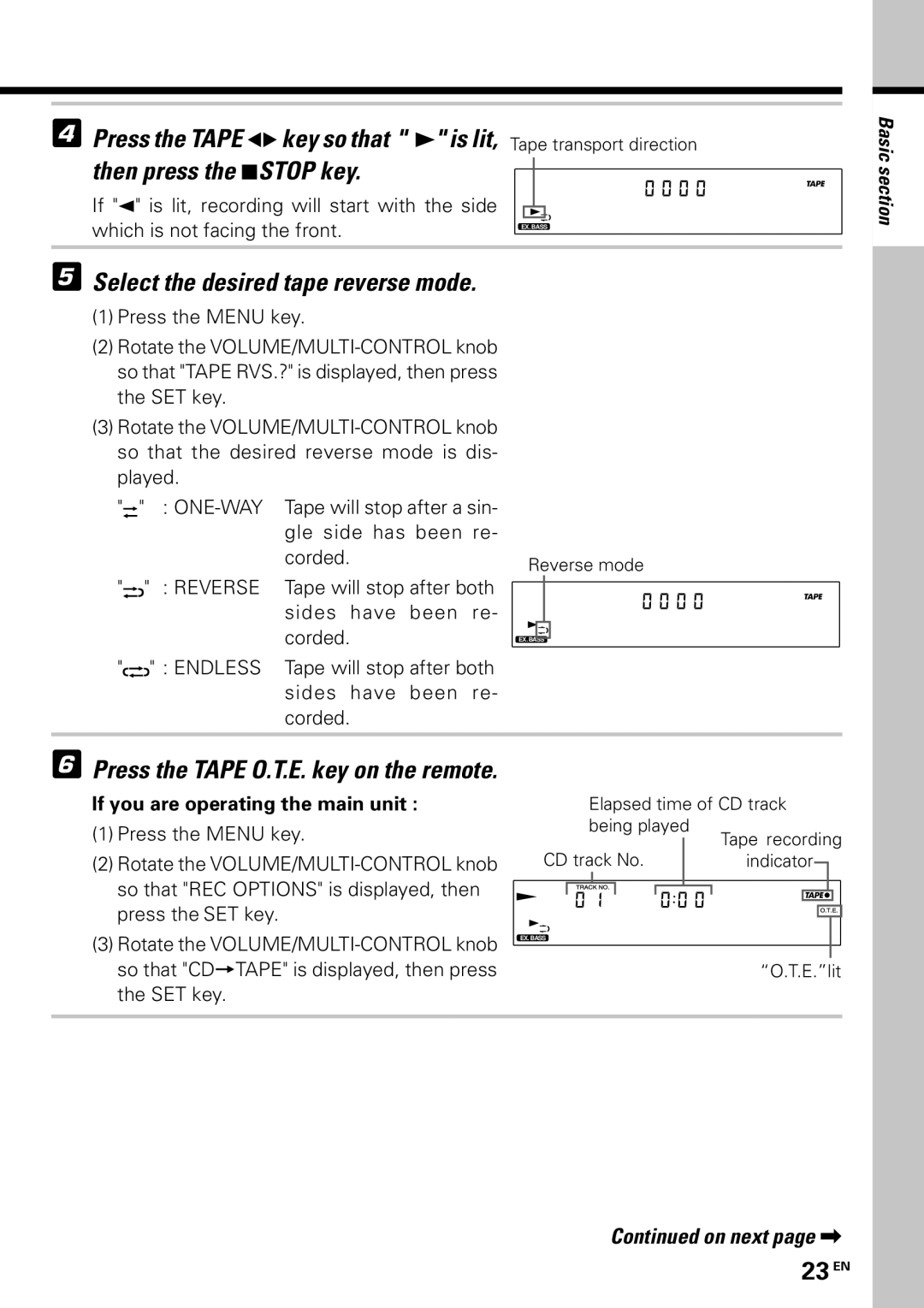 Kenwood MDX-G3 EX. Bass T a P E S T O P, EX. Bass R E V E R S E, 23 EN, Press the Tape O.T.E. key on the remote 