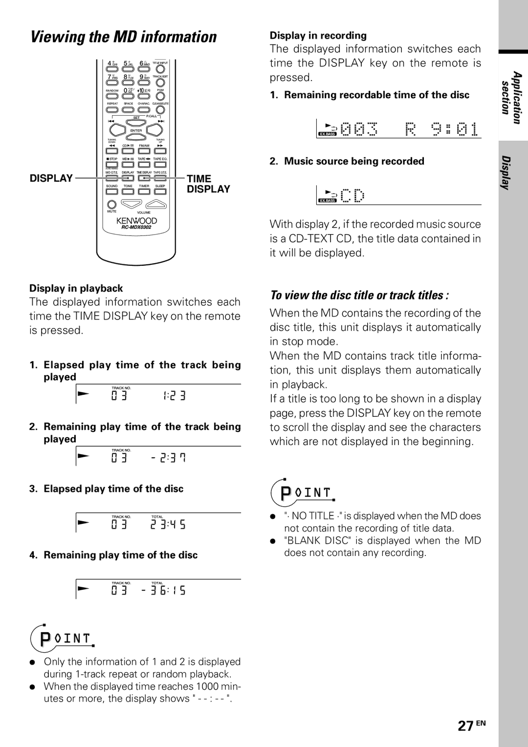 Kenwood MDX-G3 Viewing the MD information, EX. Bass 0 0 3 R 9 0, 27 EN, To view the disc title or track titles 