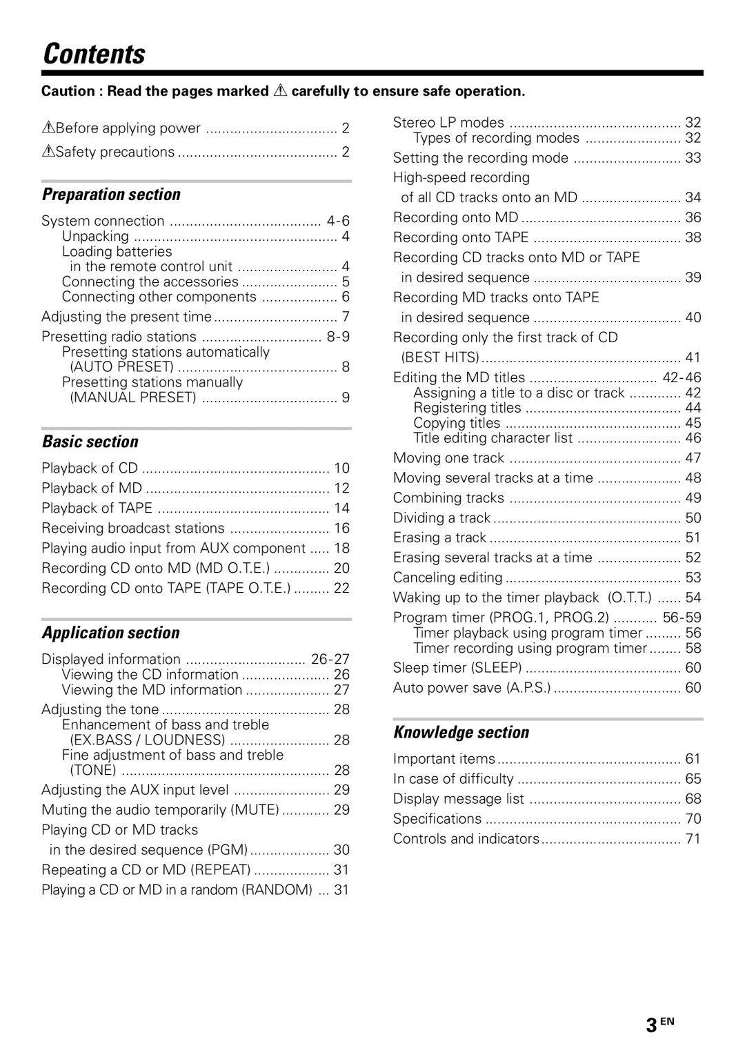 Kenwood MDX-G3 instruction manual Contents 