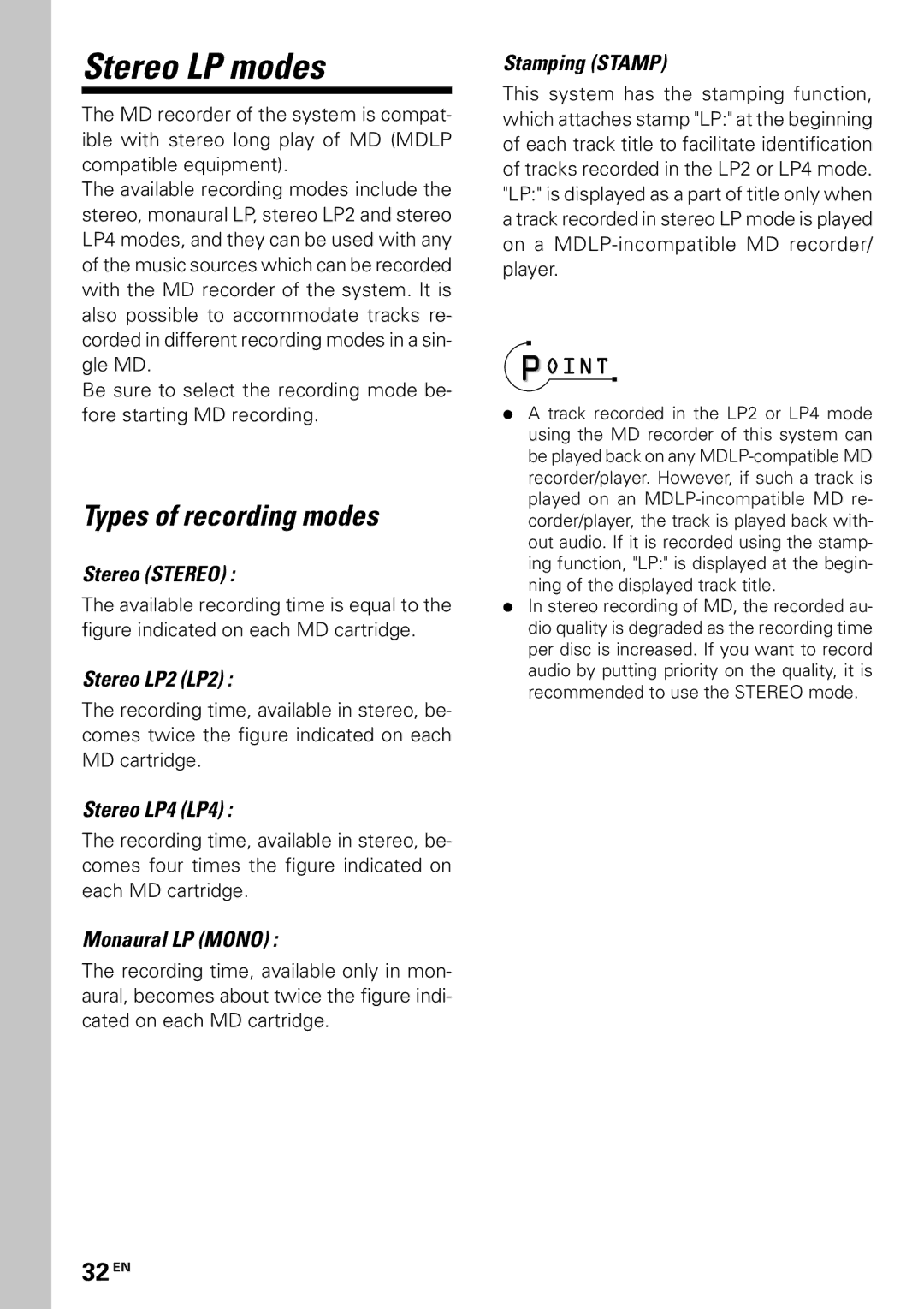 Kenwood MDX-G3 instruction manual Stereo LP modes, Types of recording modes, 32 EN 