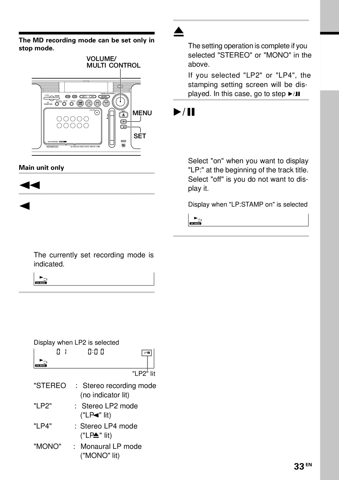 Kenwood MDX-G3 instruction manual EX. Bass M D R E C M O D E, EX. Bass L P S T a M P o n, 33 EN 