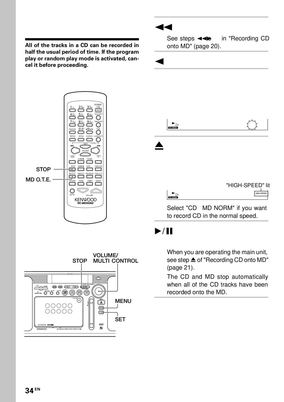 Kenwood MDX-G3 EX. Bass R E C S P E E D ?, EX. Bass C D ≥ M D H I G H, Make preparation for recording, 34 EN 