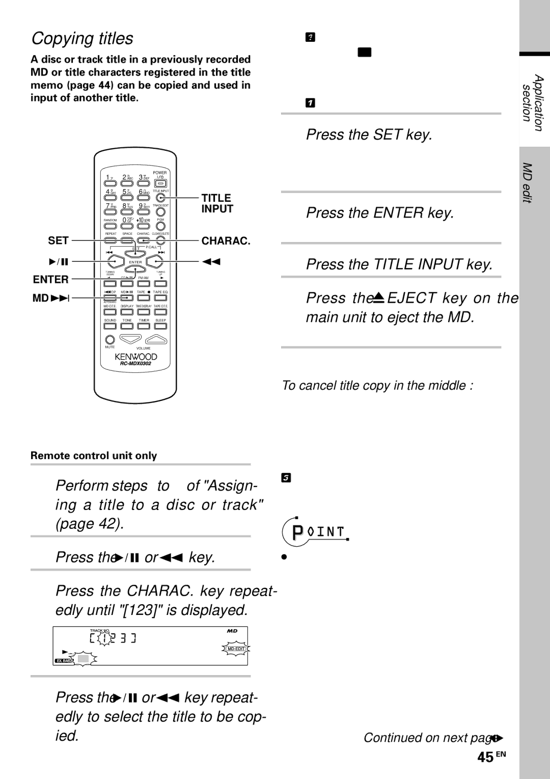 Kenwood MDX-G3 instruction manual Copying titles, ≤ W J, 45 EN, Press the CHARAC. key repeat- edly until 123 is displayed 