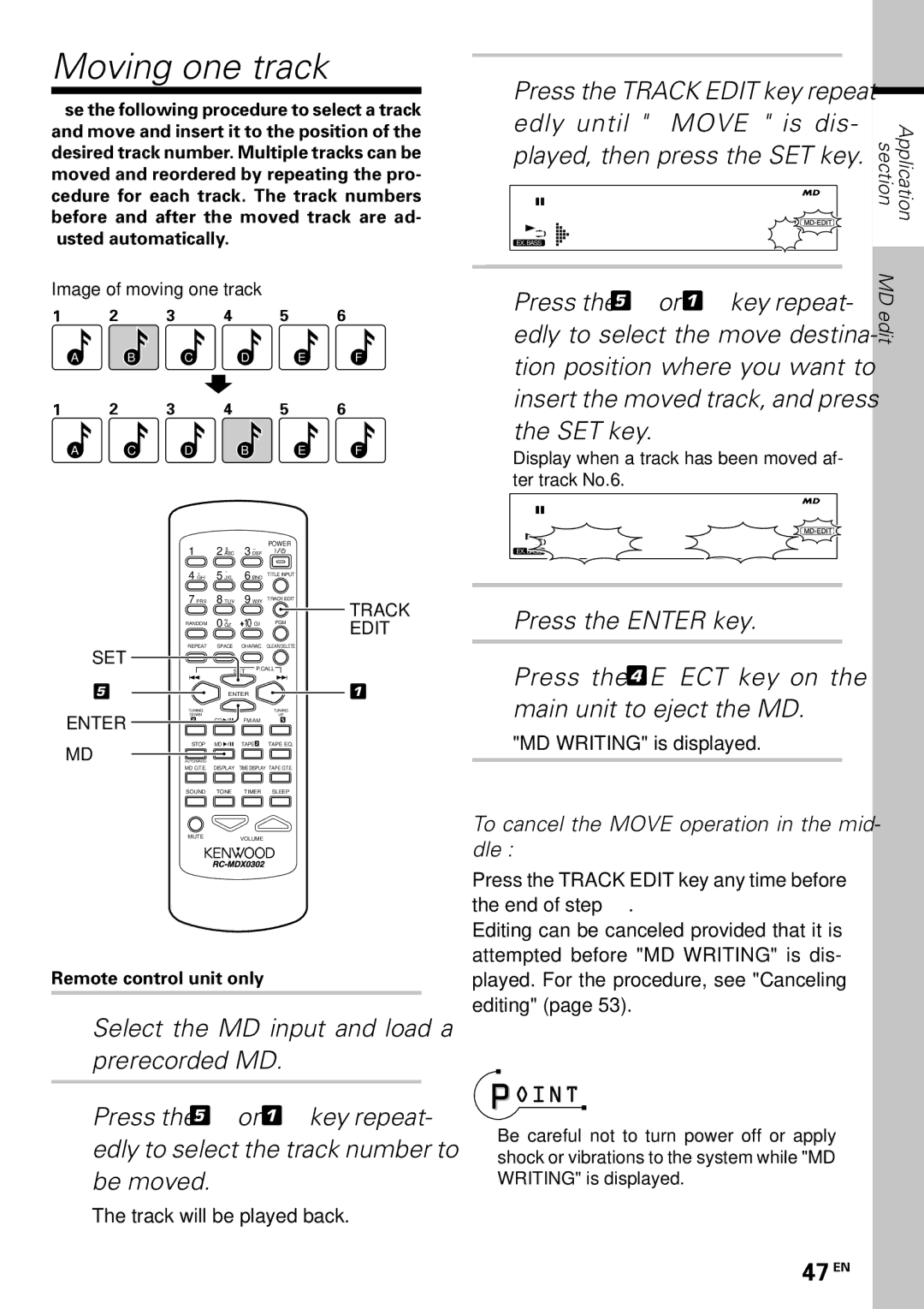 Kenwood MDX-G3 Moving one track, EX. Bass 0 0 6 / 1 /0 0, SET key, 47 EN, To cancel the Move operation in the mid- dle 