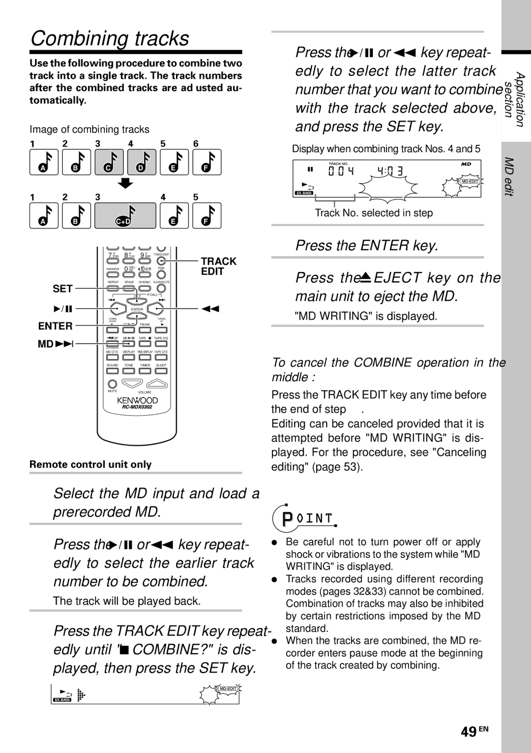 Kenwood MDX-G3 instruction manual Combining tracks, EX. Bass C O MB I NE ?, EX. Bass 0 0 4 + 0 0, 49 EN 