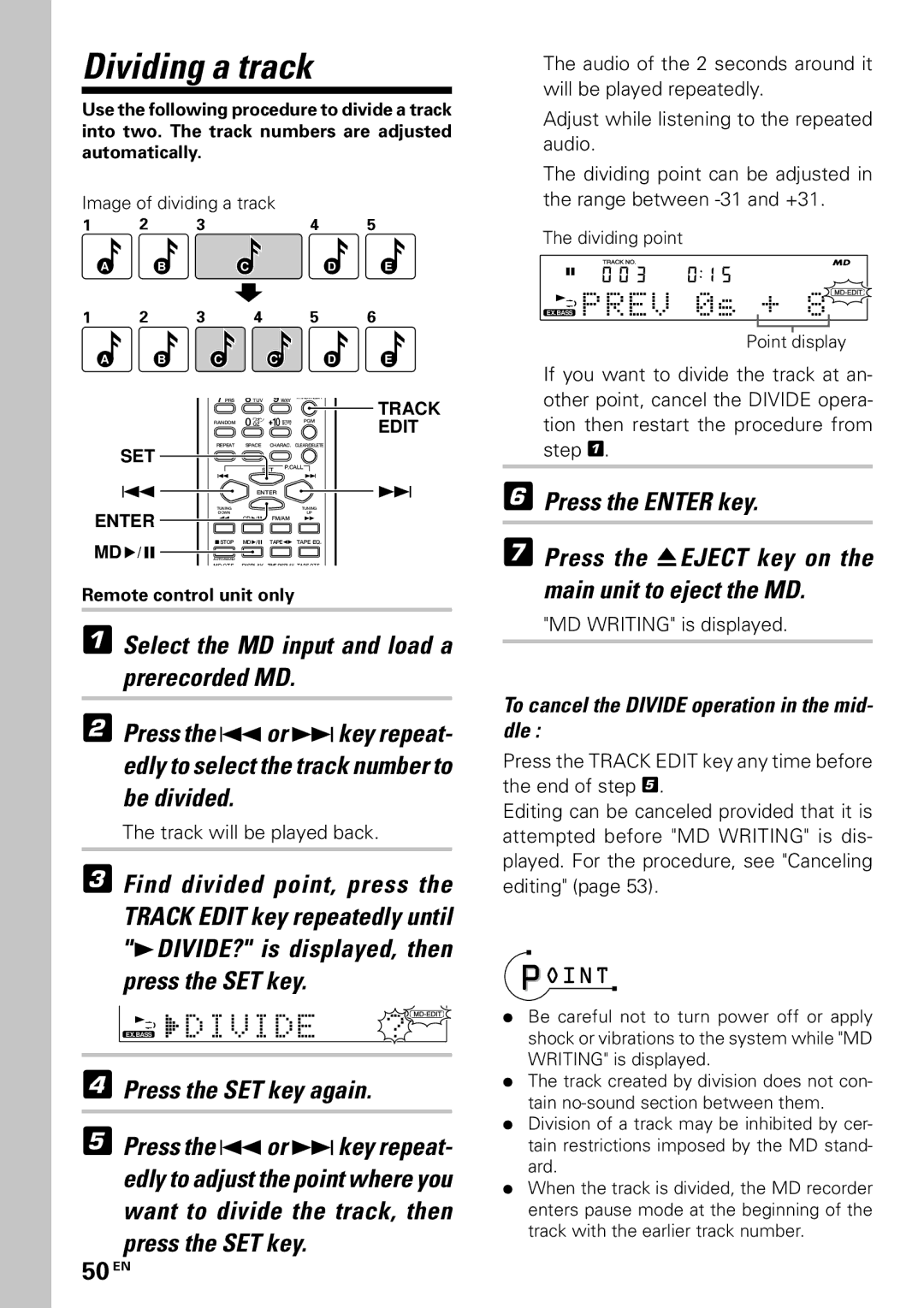 Kenwood MDX-G3 Dividing a track, EX. Bass D I V I D E, EX. Bass P R E V 0 s +, Press the SET key again, 50 EN 