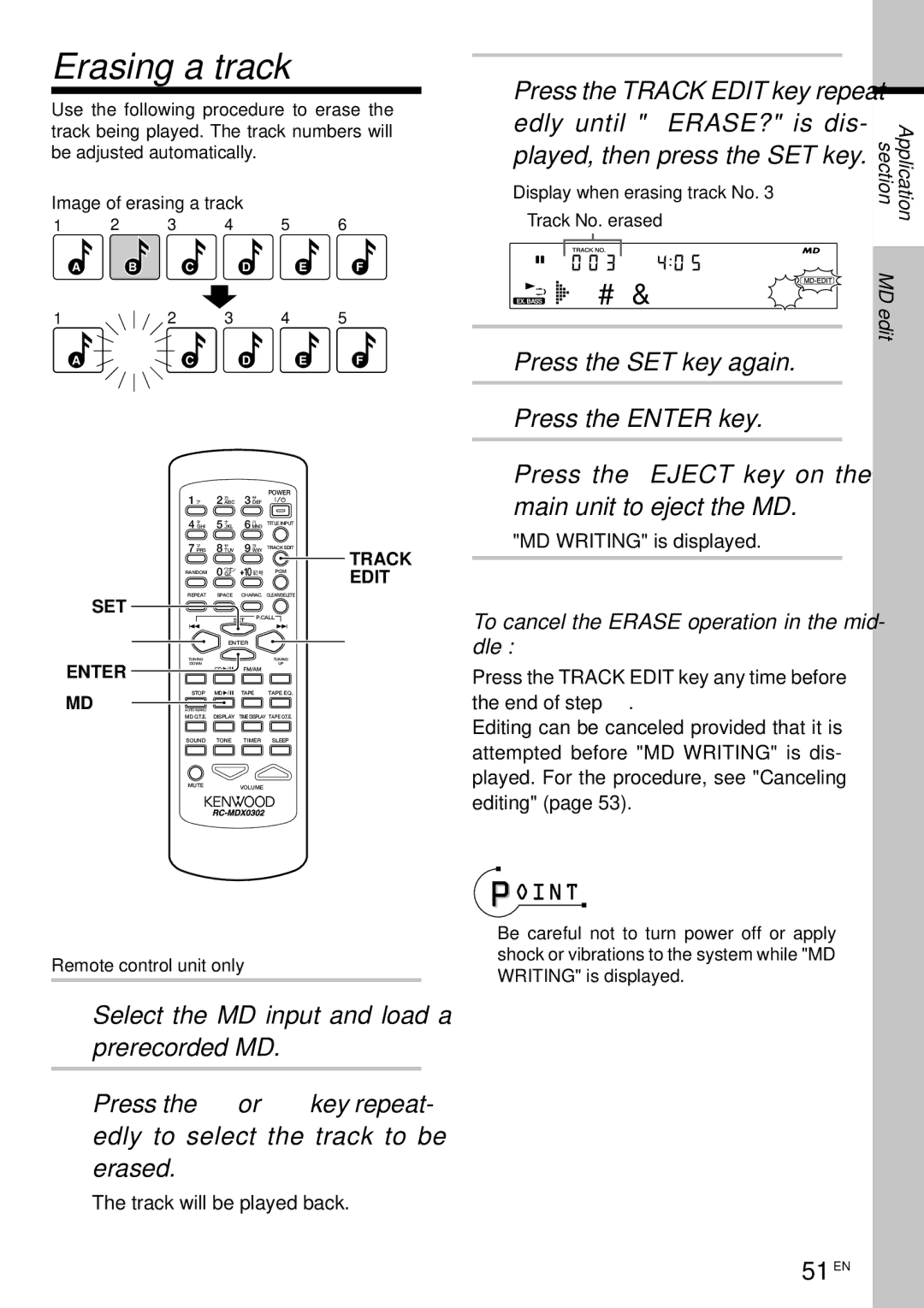 Kenwood MDX-G3 instruction manual Erasing a track, 51 EN, To cancel the Erase operation in the mid- dle 