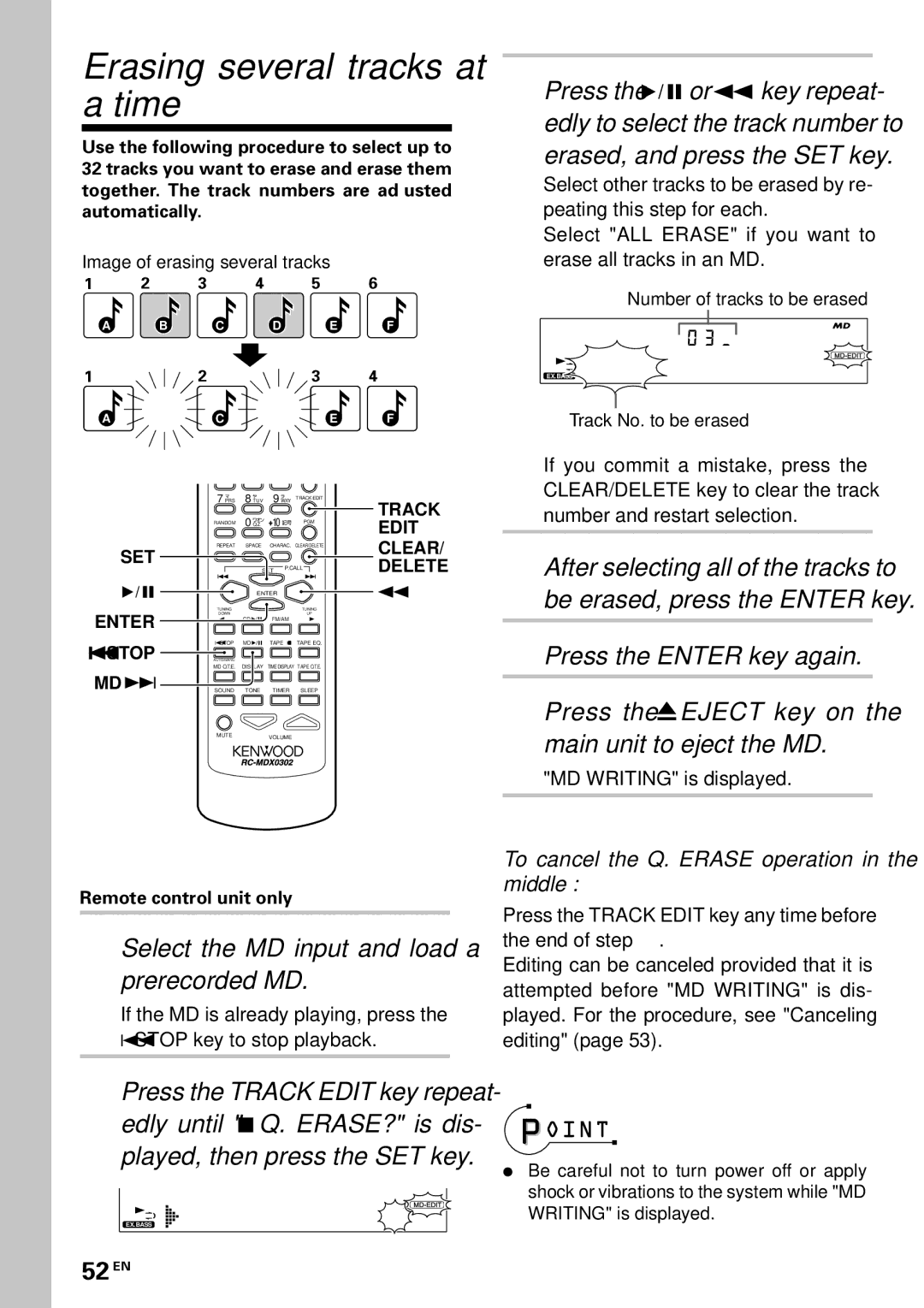 Kenwood MDX-G3 Erasing several tracks at a time, EX. Bass Q . E R a S E ?, Erased, and press the SET key, 52 EN 