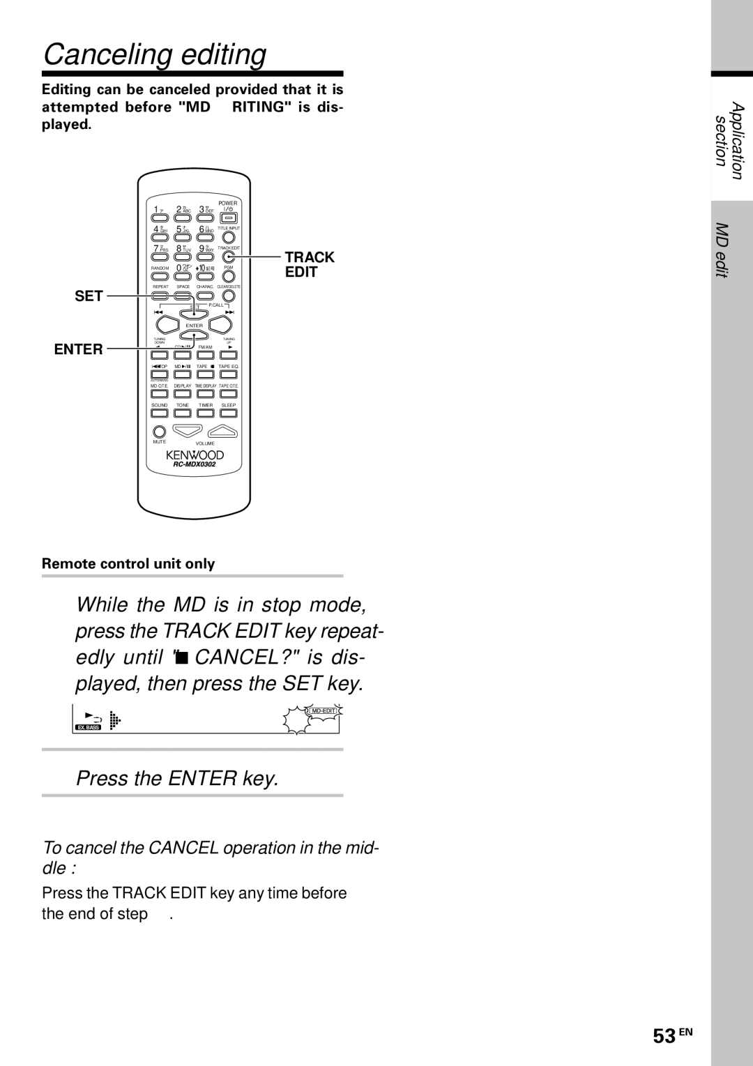 Kenwood MDX-G3 Canceling editing, EX. Bass C a NC E L, 53 EN, To cancel the Cancel operation in the mid- dle 