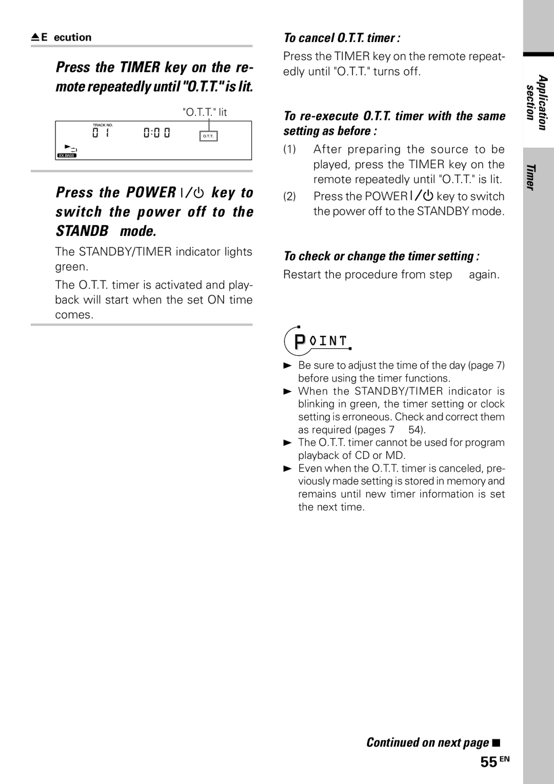 Kenwood MDX-G3 Standby mode, 55 EN, To cancel O.T.T. timer, To re-execute O.T.T. timer with the same setting as before 