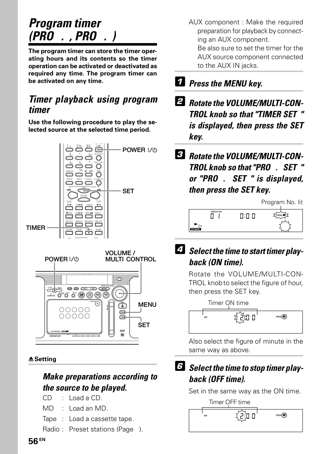 Kenwood MDX-G3 Program timer PROG.1, PROG.2, Timer playback using program timer, EX. Bass P R O G S E T ?, T I M E 