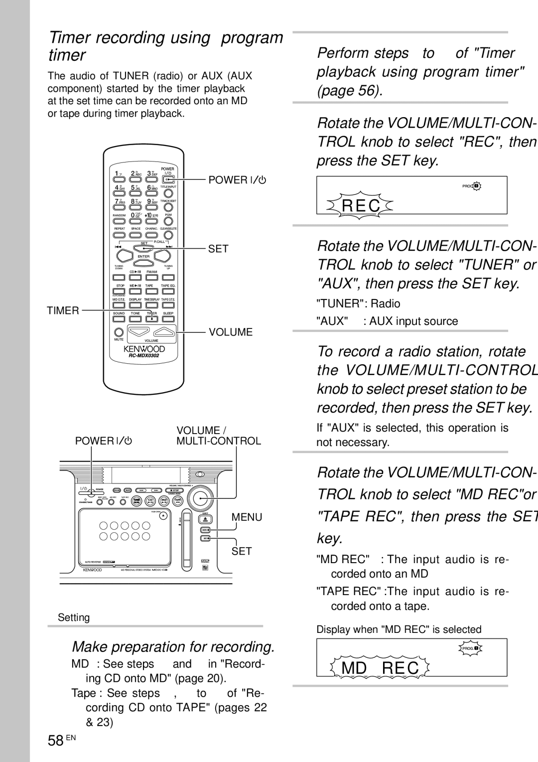 Kenwood MDX-G3 Timer recording using program timer, R E C, Perform steps 2 to 6 of Timer playback using program timer, Key 