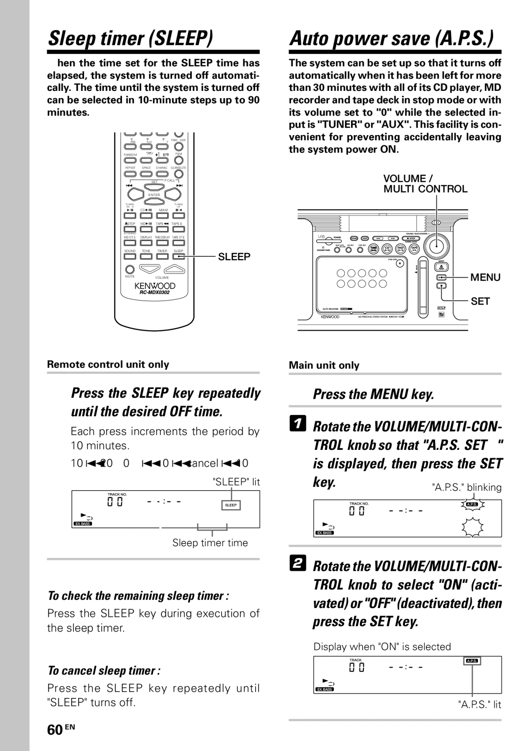 Kenwood MDX-G3 Sleep timer Sleep, 60 EN, Press the Sleep key repeatedly until the desired OFF time, To cancel sleep timer 