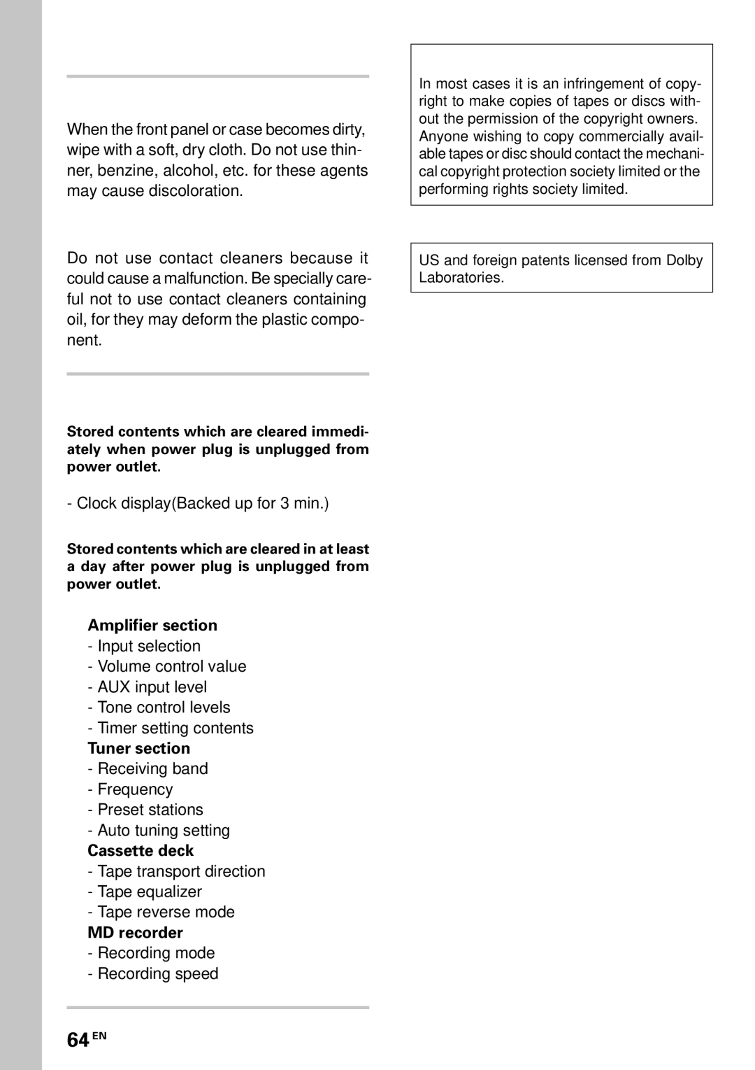 Kenwood MDX-G3 Maintenance of the unit, Regard to contact cleaner, Memory backup function, 64 EN, Important items 