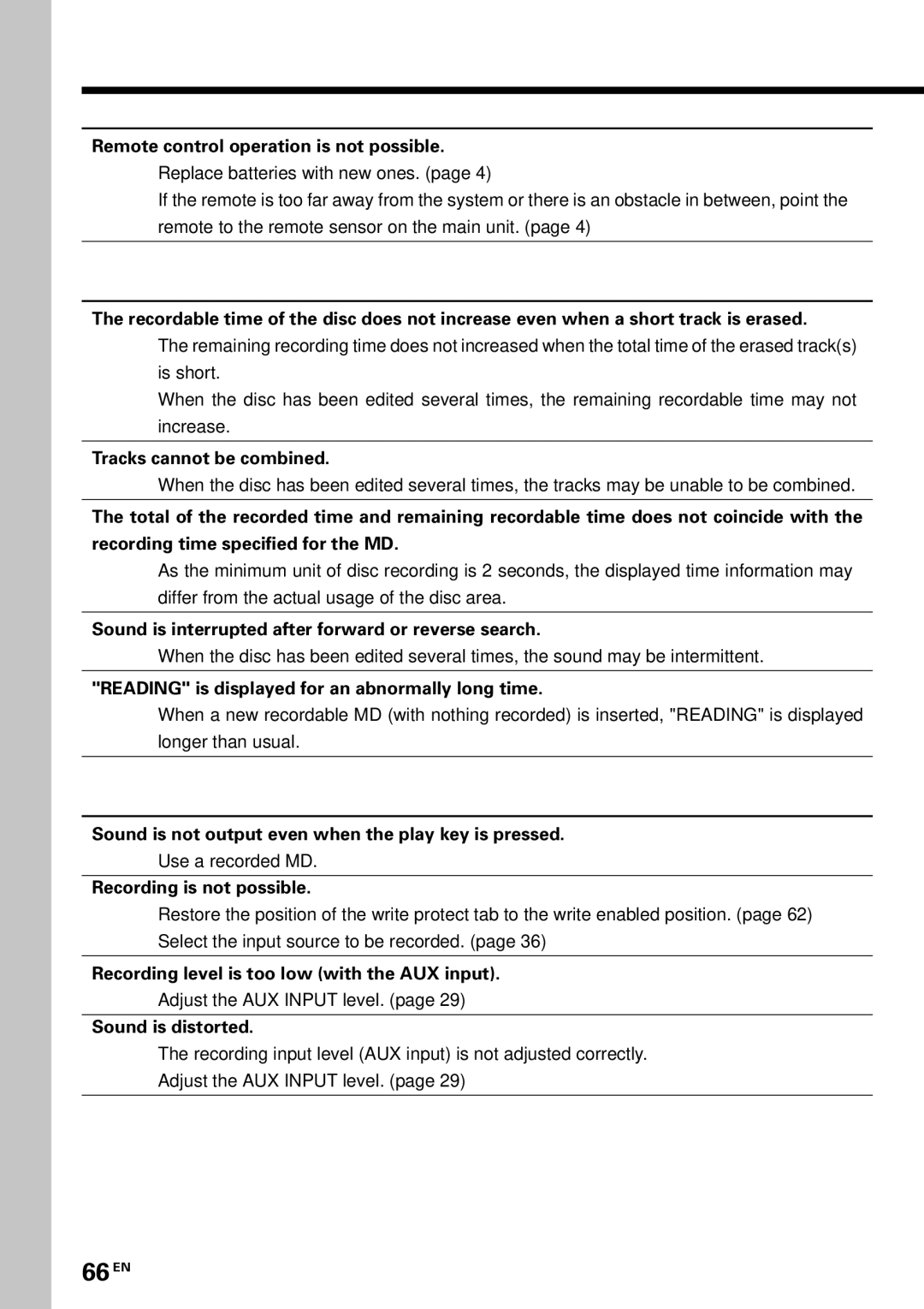 Kenwood MDX-G3 66 EN, Case of difficulty Remote control unit, MD recorder section Symptoms related to the MD standard 