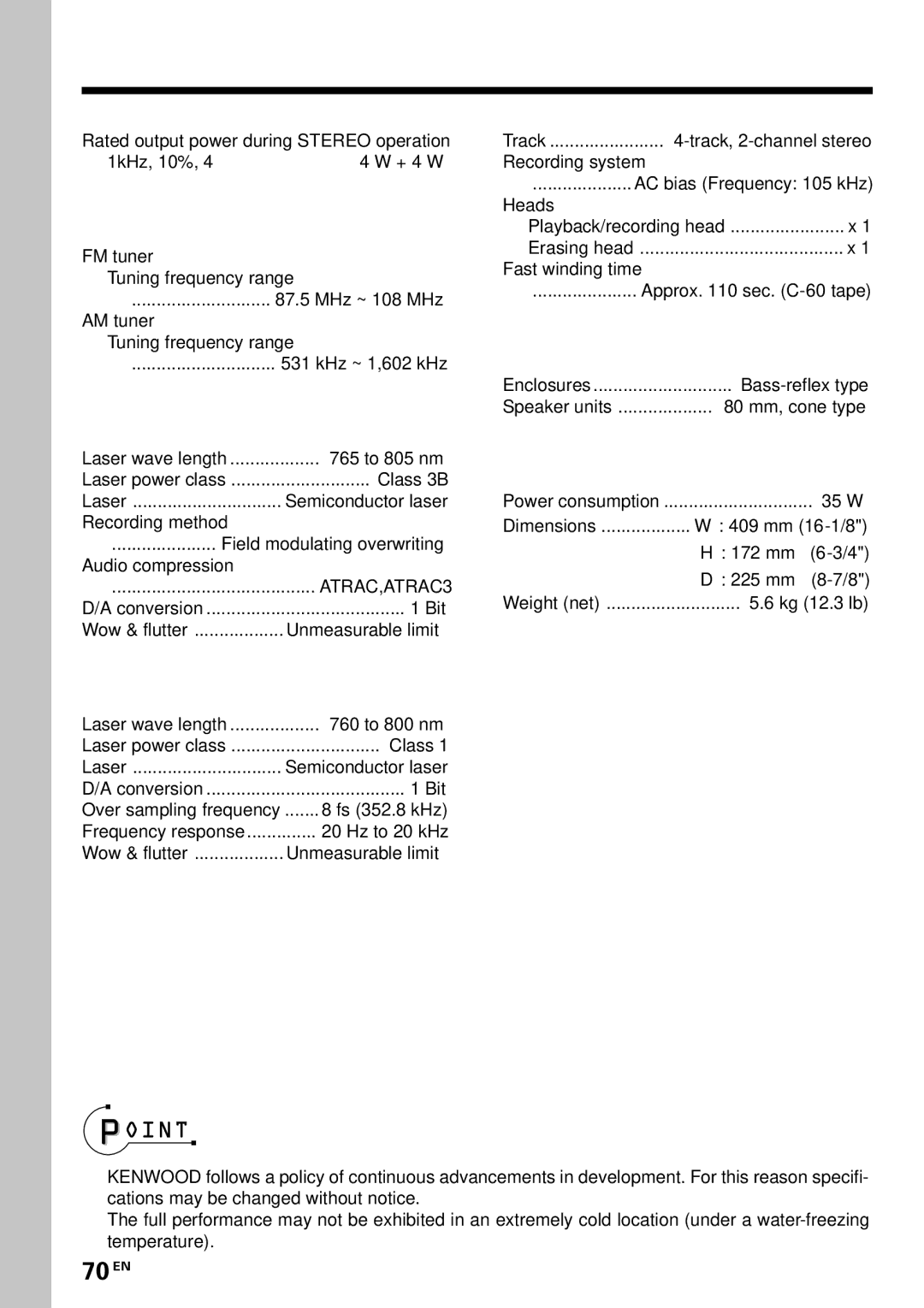 Kenwood MDX-G3 instruction manual Specifications, 70 EN 