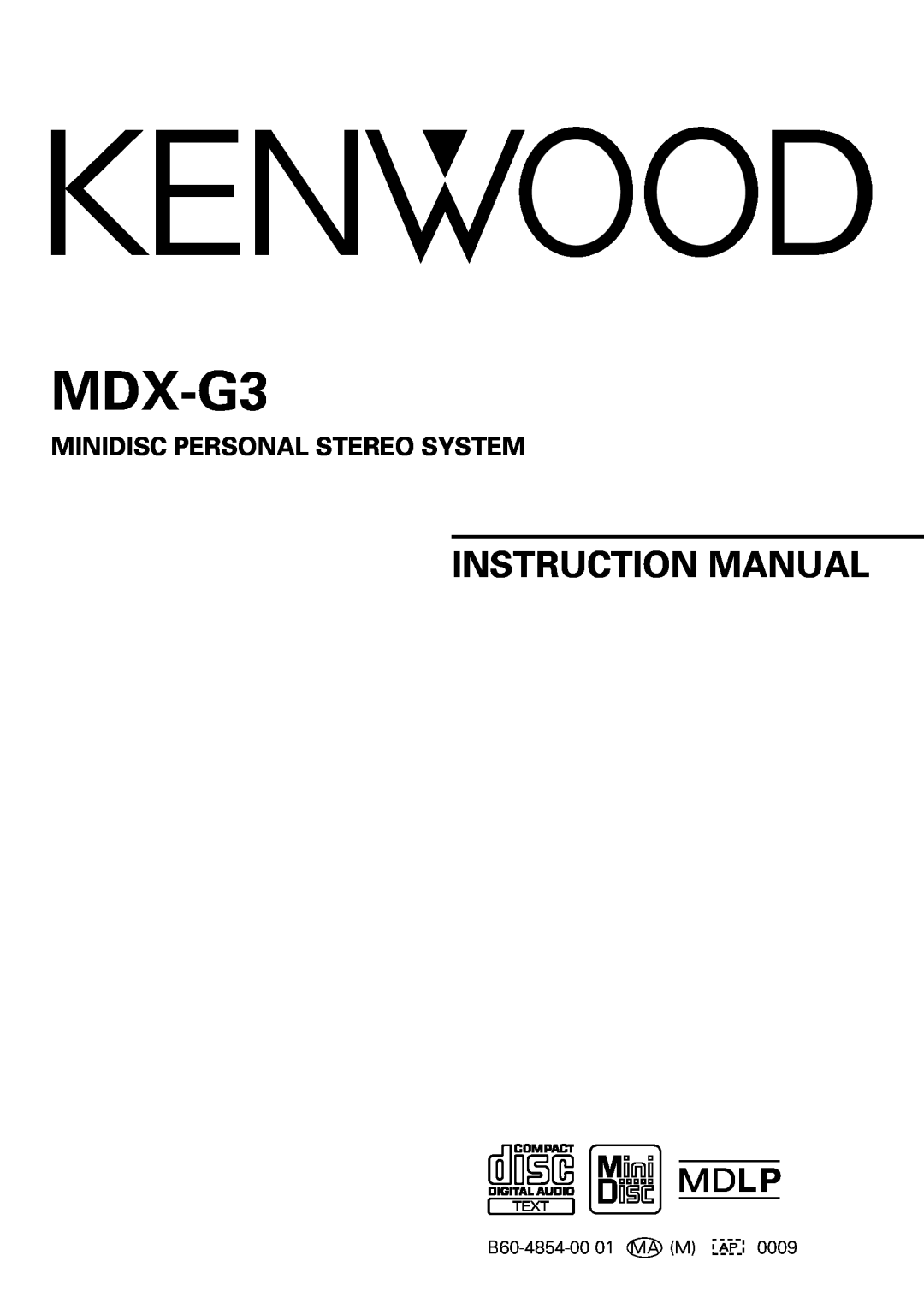 Kenwood MDX-G3 instruction manual Minidisc Personal Stereo System, Instruction Manual 