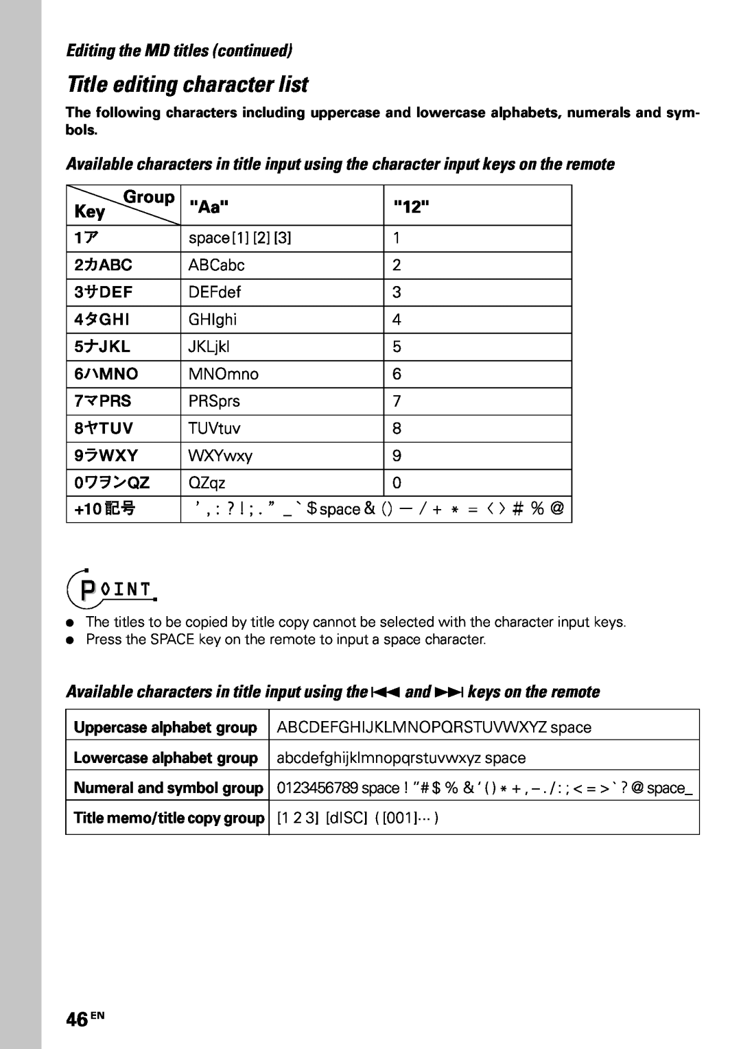 Kenwood MDX-G3 instruction manual Title editing character list, 46 EN, Editing the MD titles continued 