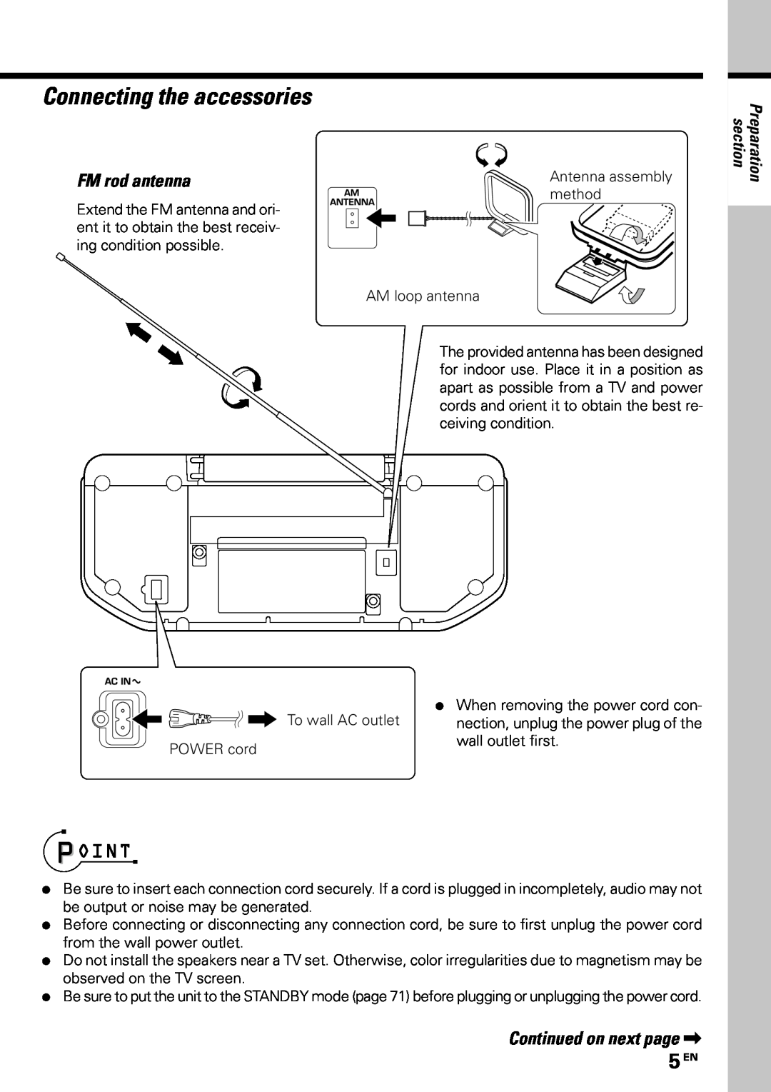 Kenwood MDX-G3 instruction manual Connecting the accessories, 5 EN, FM rod antenna, Continued on next page 