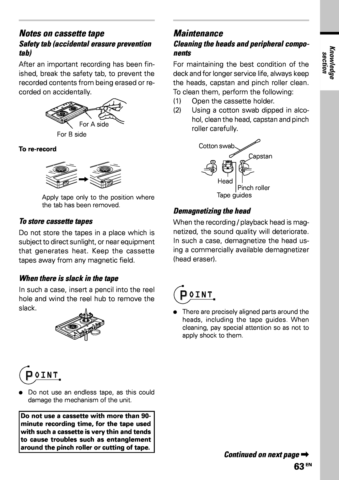 Kenwood MDX-G3 instruction manual Notes on cassette tape, Maintenance, 63 EN, Safety tab accidental erasure prevention tab 