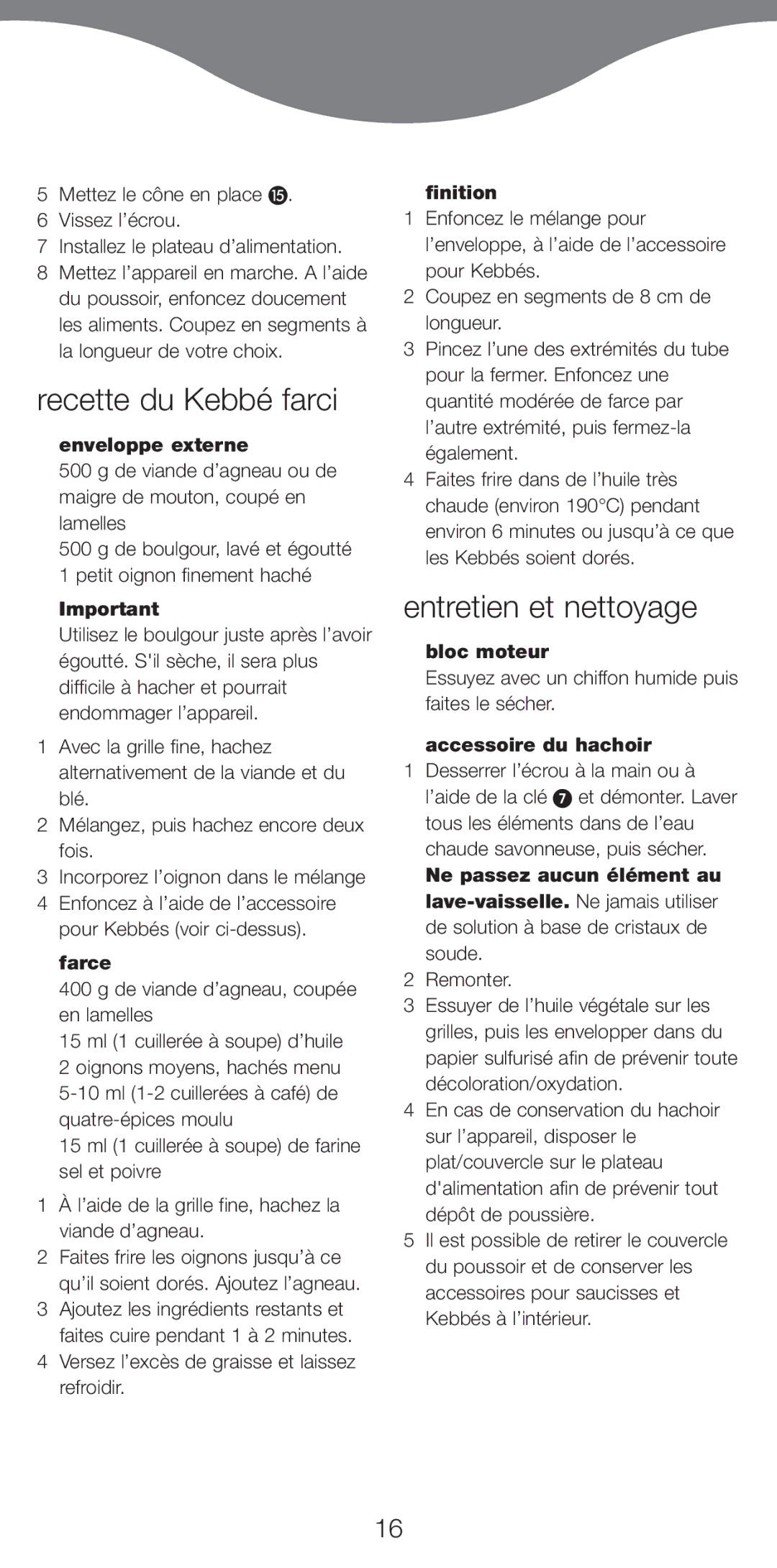 Kenwood MG510 manual Recette du Kebbé farci, Entretien et nettoyage 