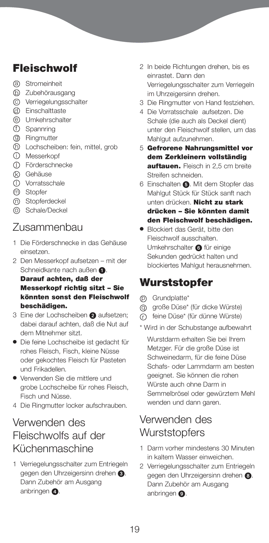 Kenwood MG510 manual Zusammenbau, Verwenden des Fleischwolfs auf der Küchenmaschine, Wurststopfer 