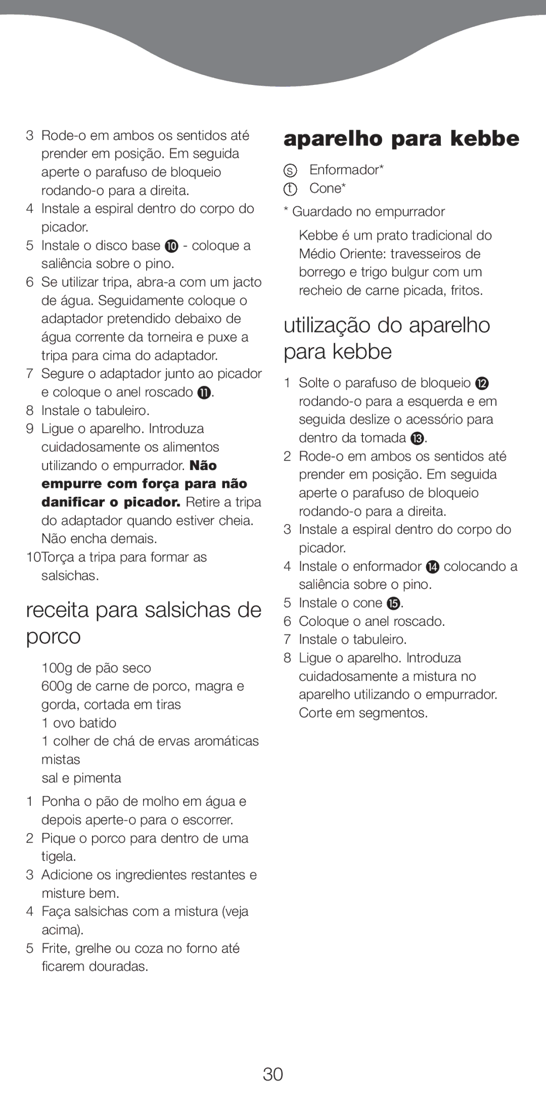 Kenwood MG510 manual Receita para salsichas de porco, Aparelho para kebbe, Utilização do aparelho para kebbe 