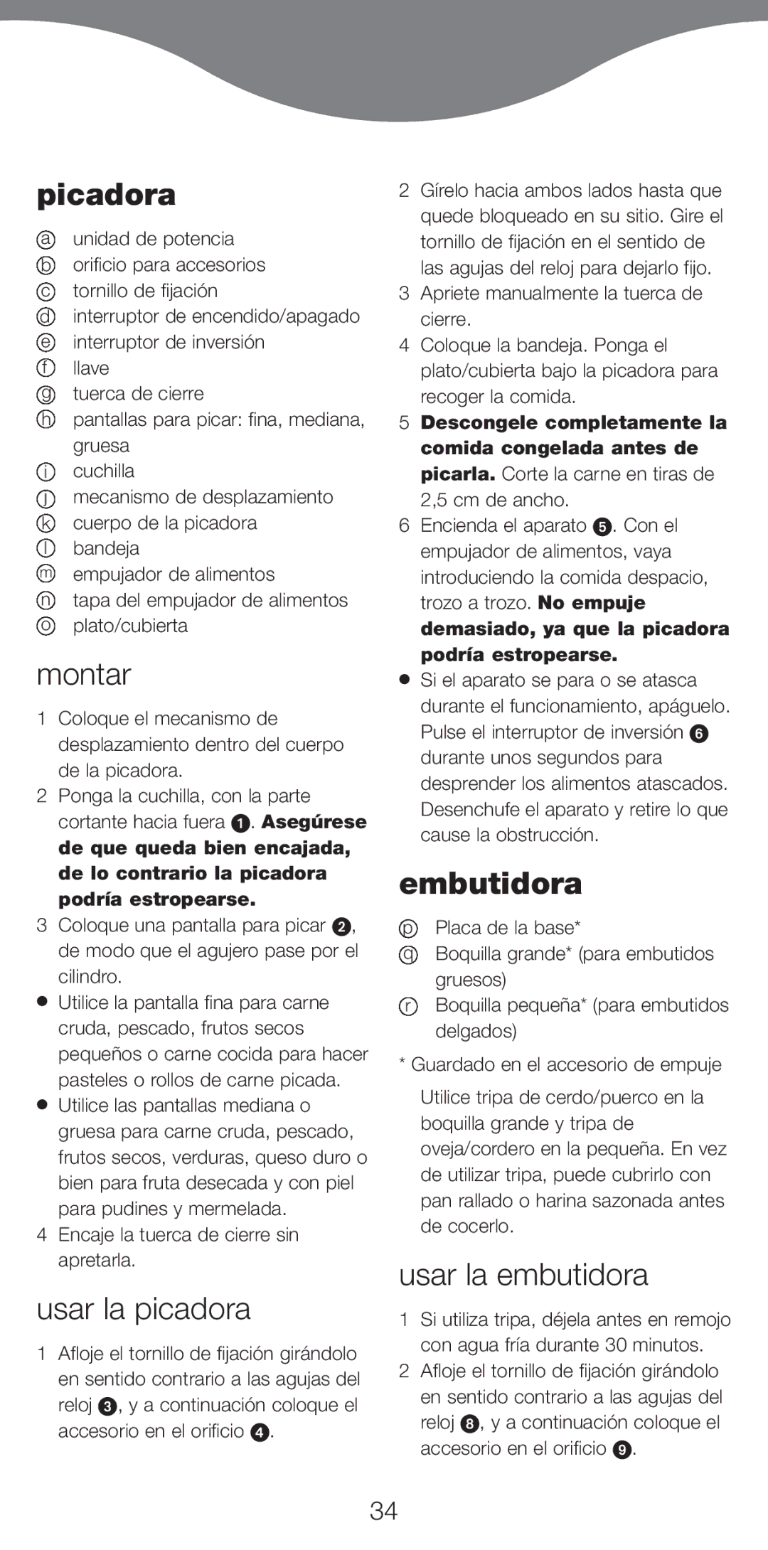 Kenwood MG510 manual Picadora, Montar, Usar la picadora, Embutidora, Usar la embutidora 