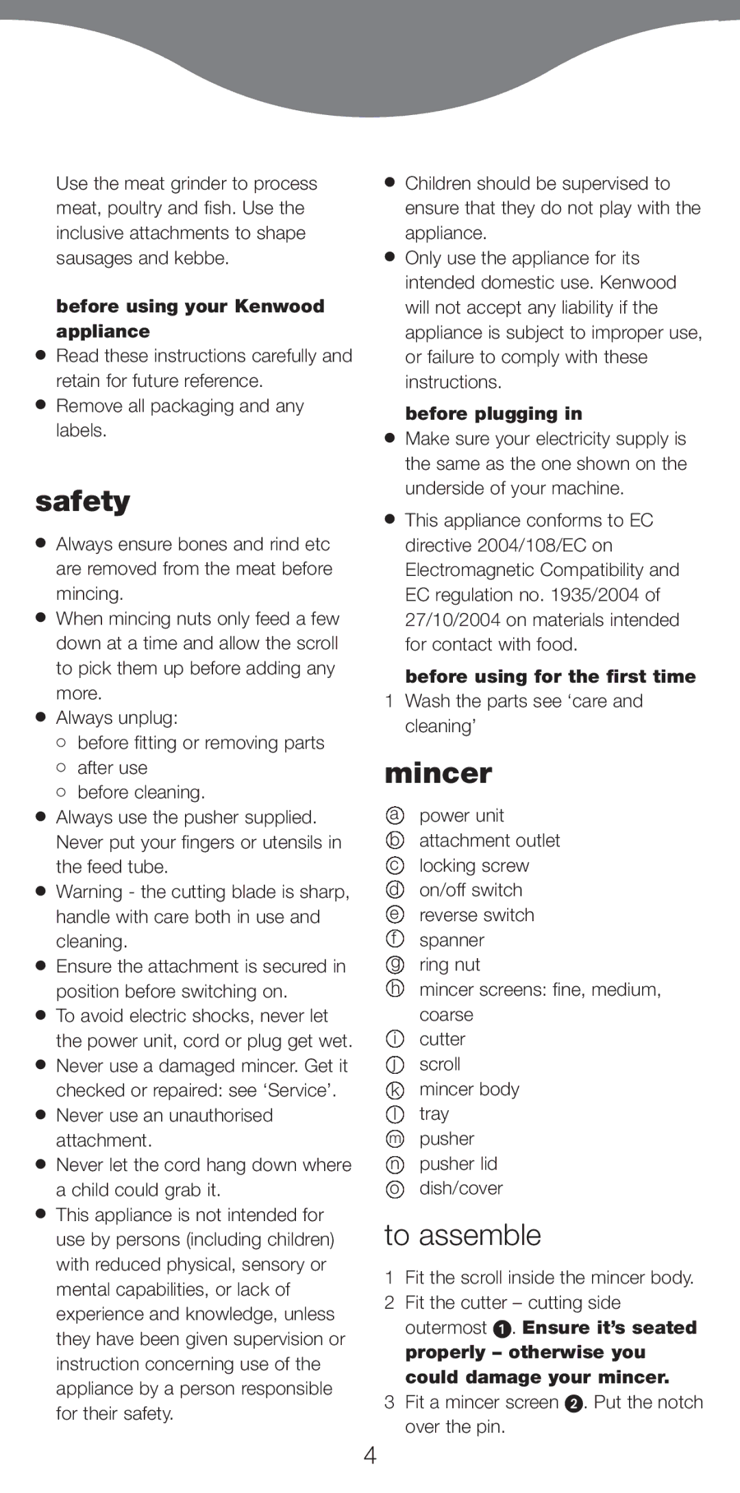 Kenwood MG510 manual Safety, Mincer, To assemble 