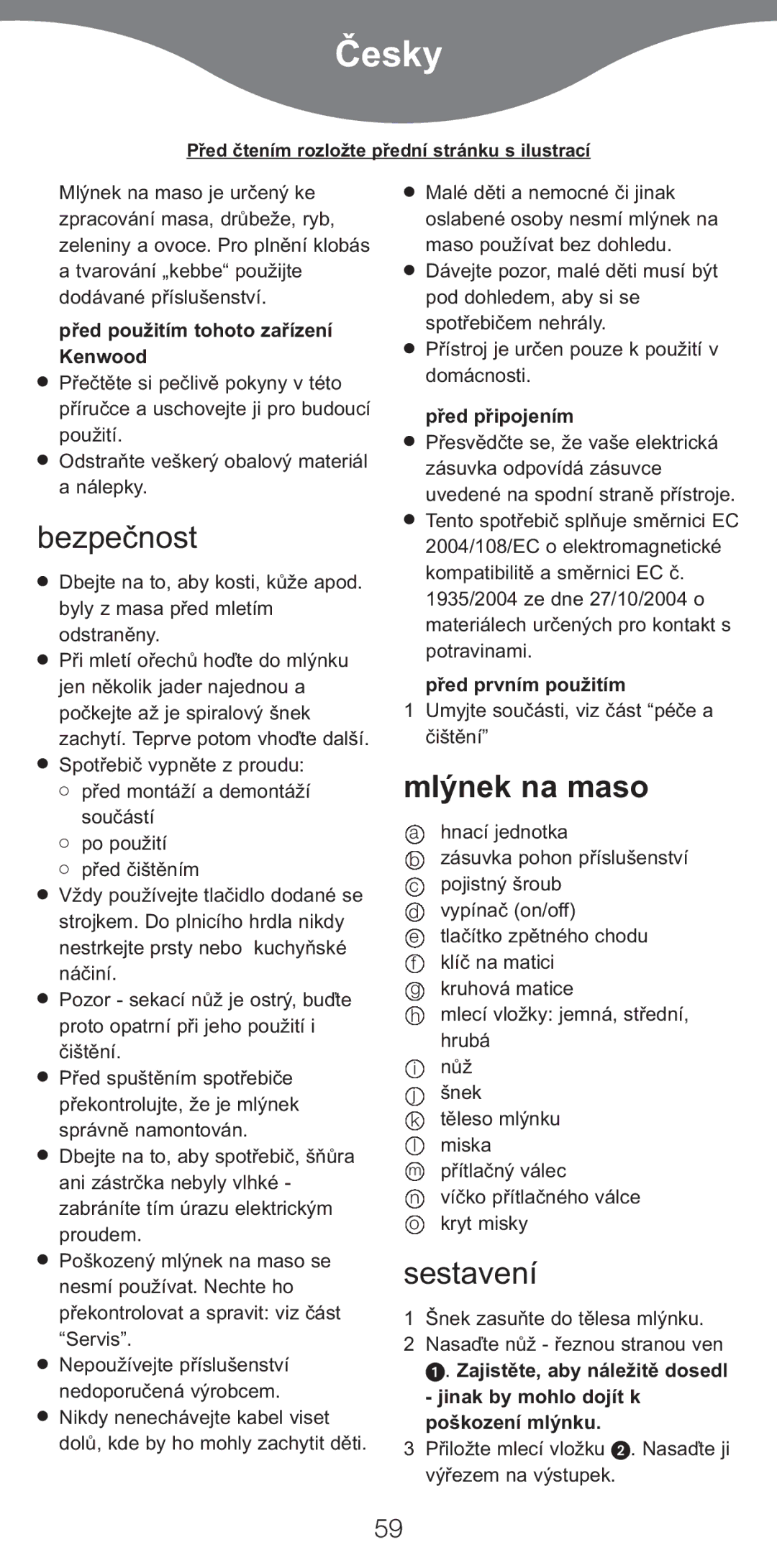 Kenwood MG510 manual Ïesky, Bezpeïnost, Mlƒnek na maso, Sestavení 