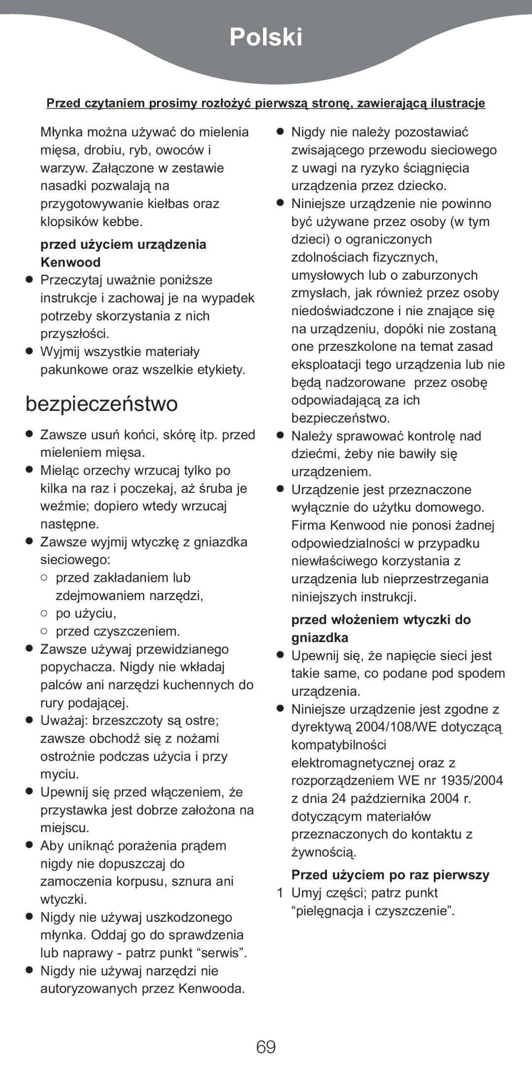 Kenwood MG510 manual Polski, Bezpieczeæstwo, Przed użyciem urządzenia Kenwood, Przed w¢o¯eniem wtyczki do gniazdka 