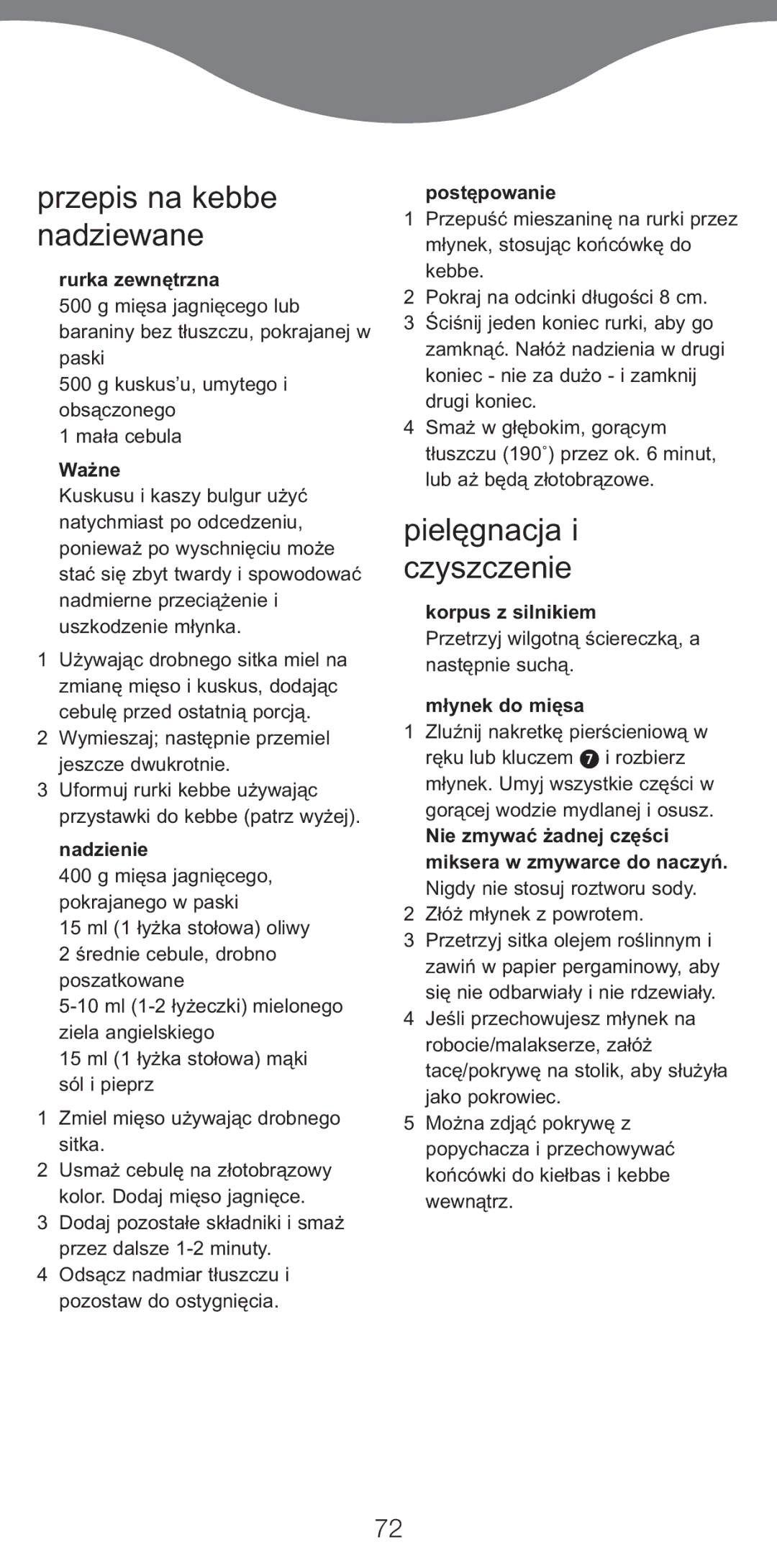 Kenwood MG510 manual Przepis na kebbe nadziewane, Pielëgnacja i czyszczenie 